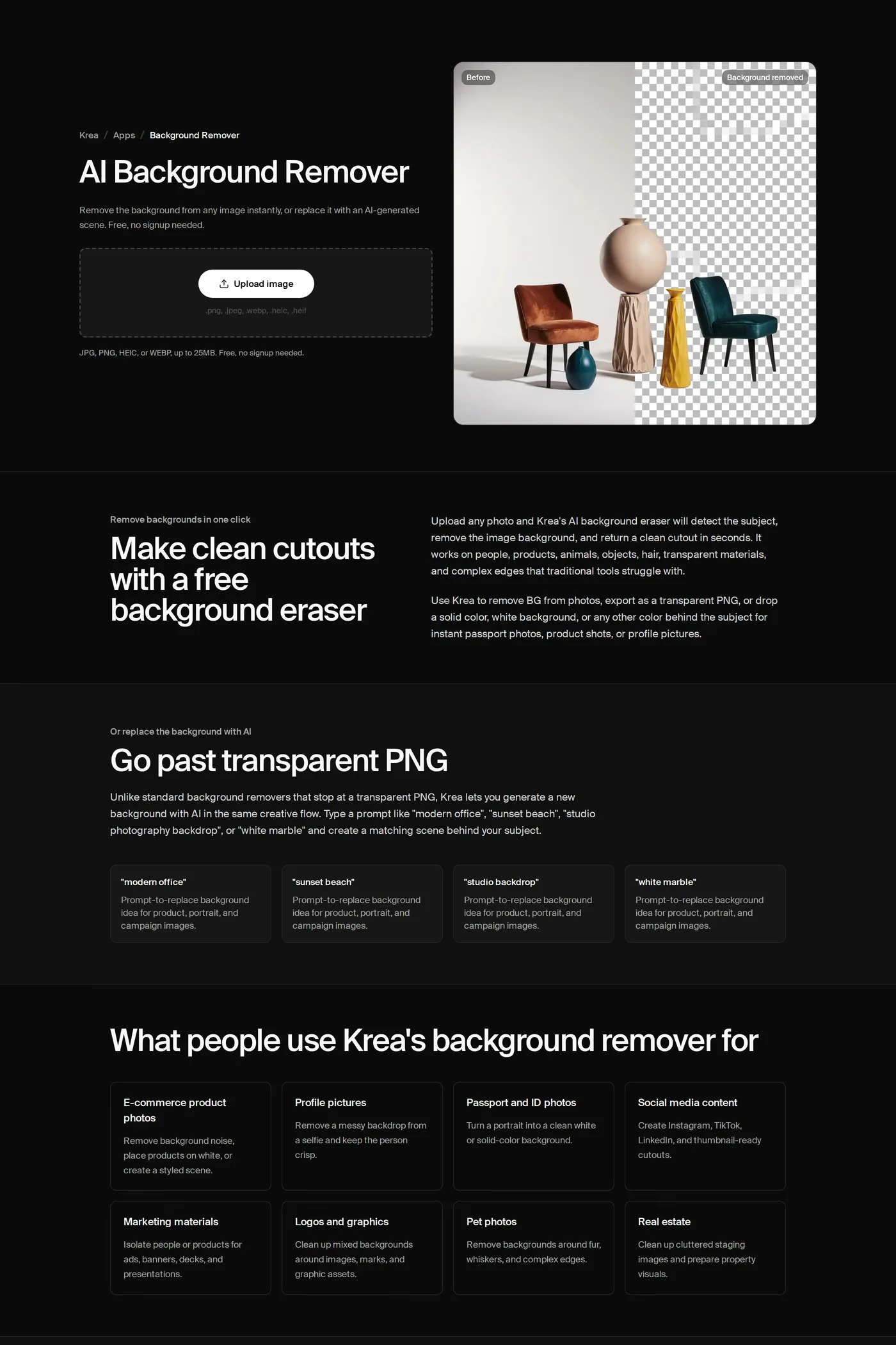 Krea — screenshot of the features page