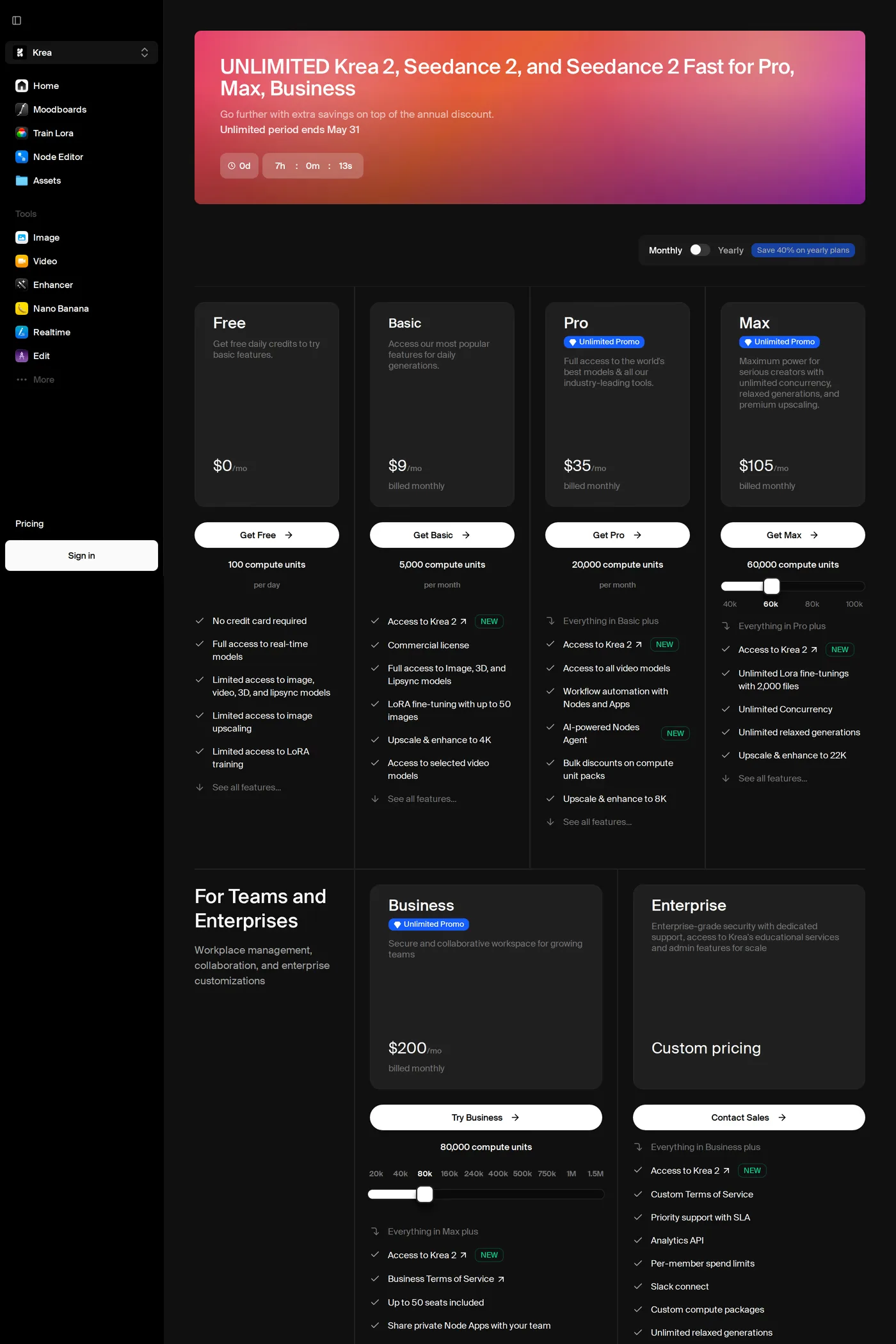 Krea — screenshot of the pricing page