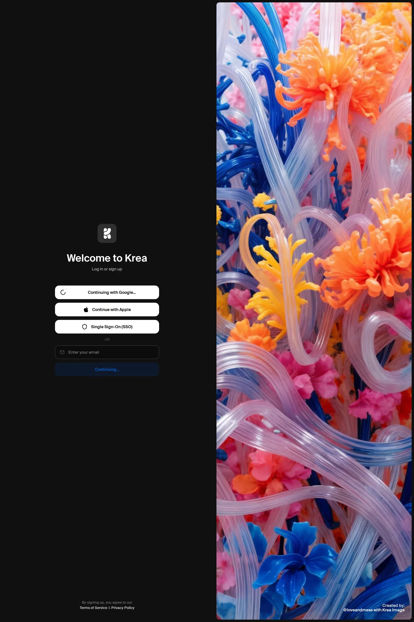 Krea — screenshot of the sign up page