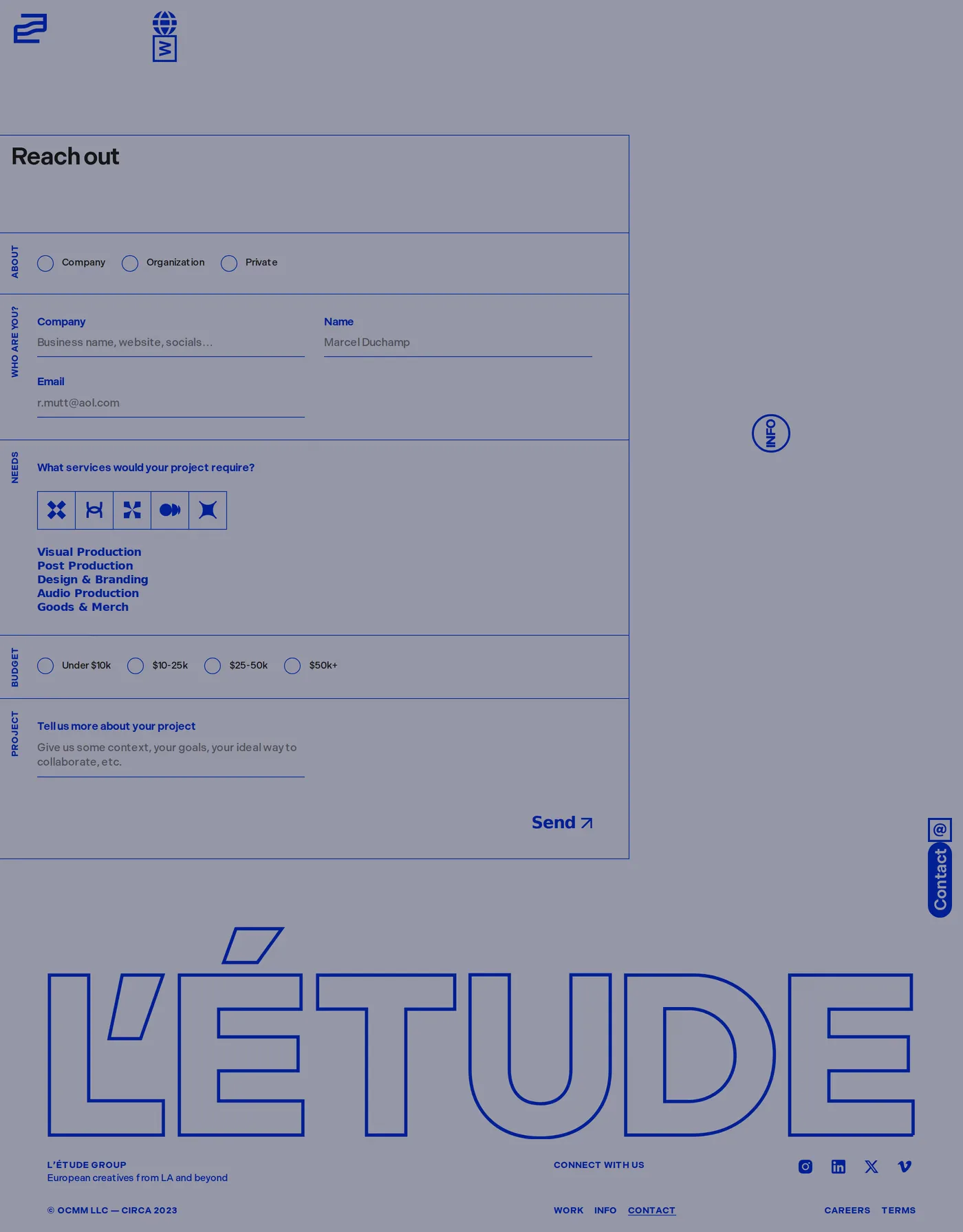 L'Étude — screenshot of the contact page