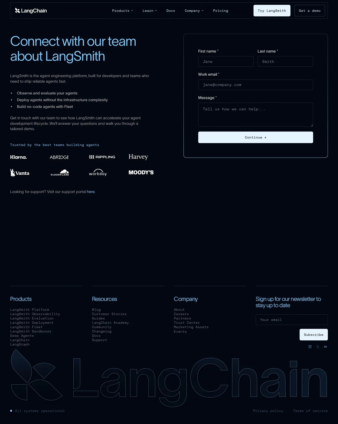LangChain — screenshot of the contact page