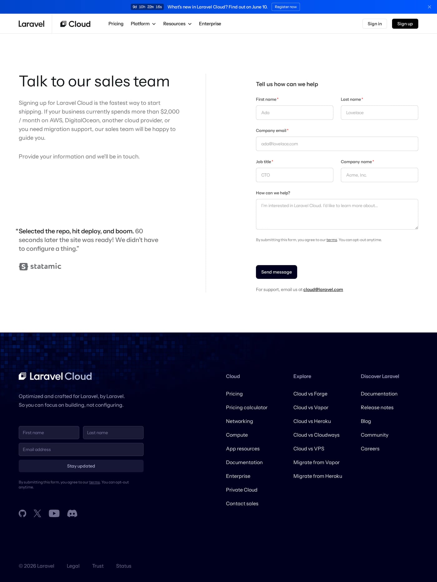 Laravel Cloud — screenshot of the contact page