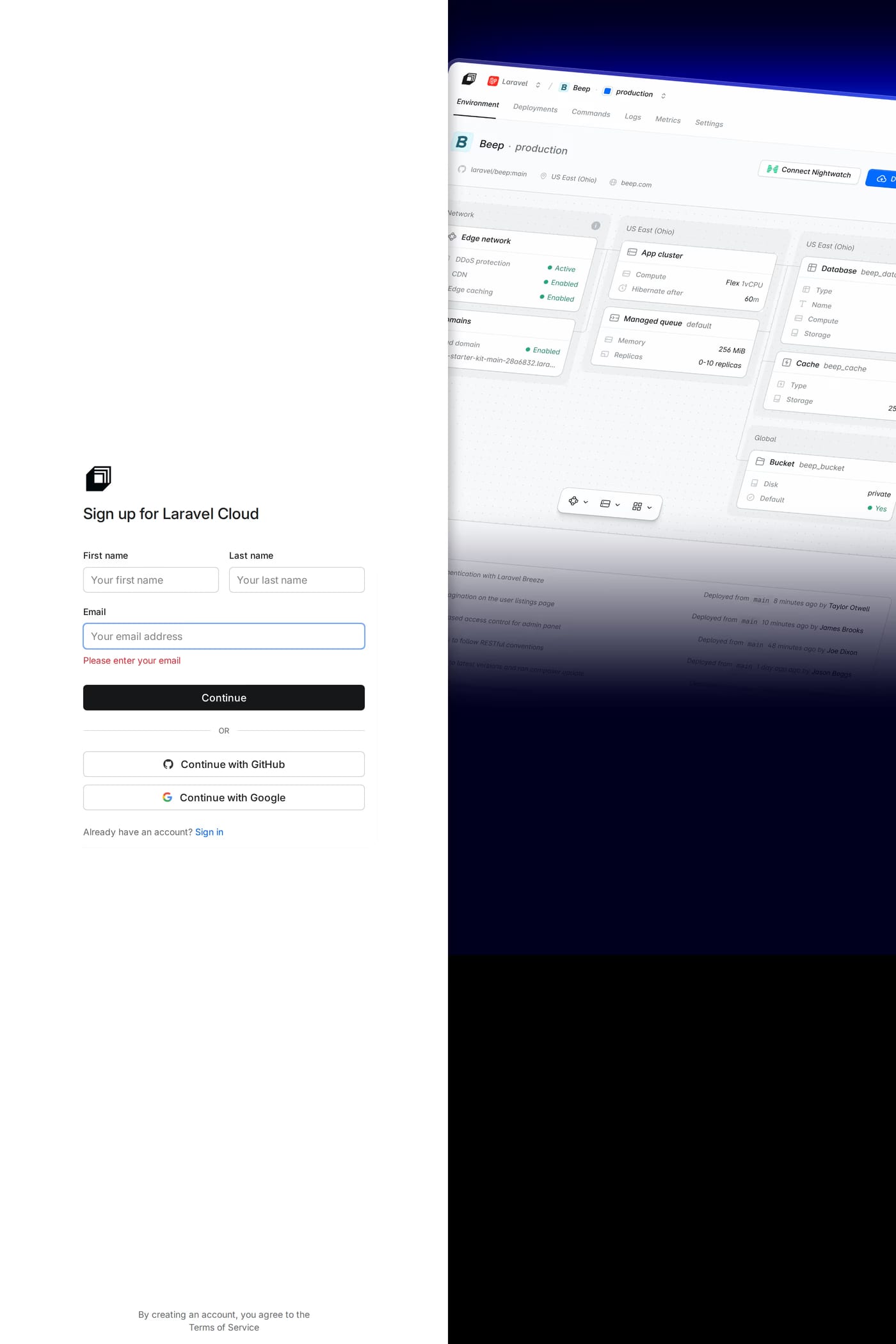 Laravel Cloud — screenshot of the login page