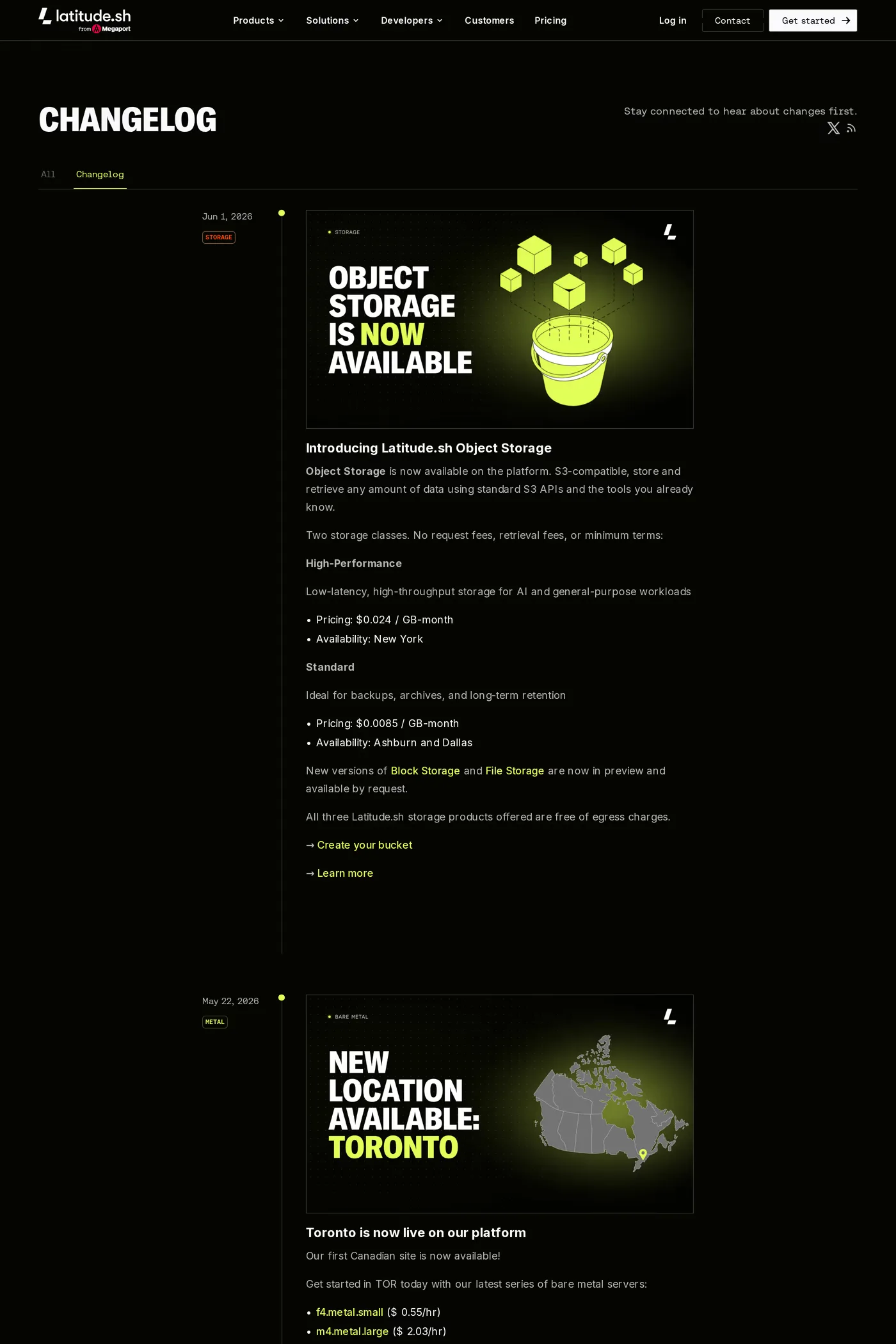 Latitude.sh — screenshot of the changelog page
