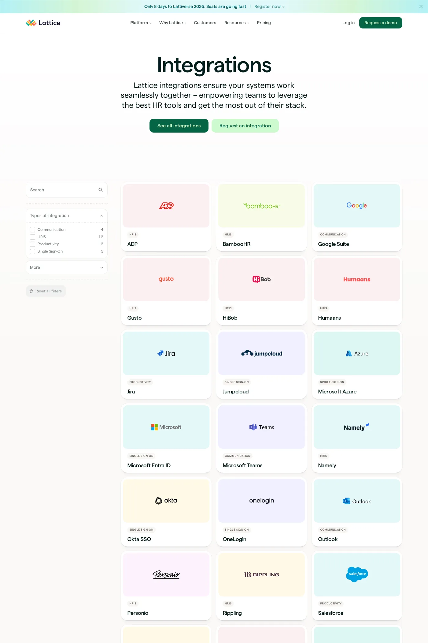 Lattice — screenshot of the integrations page