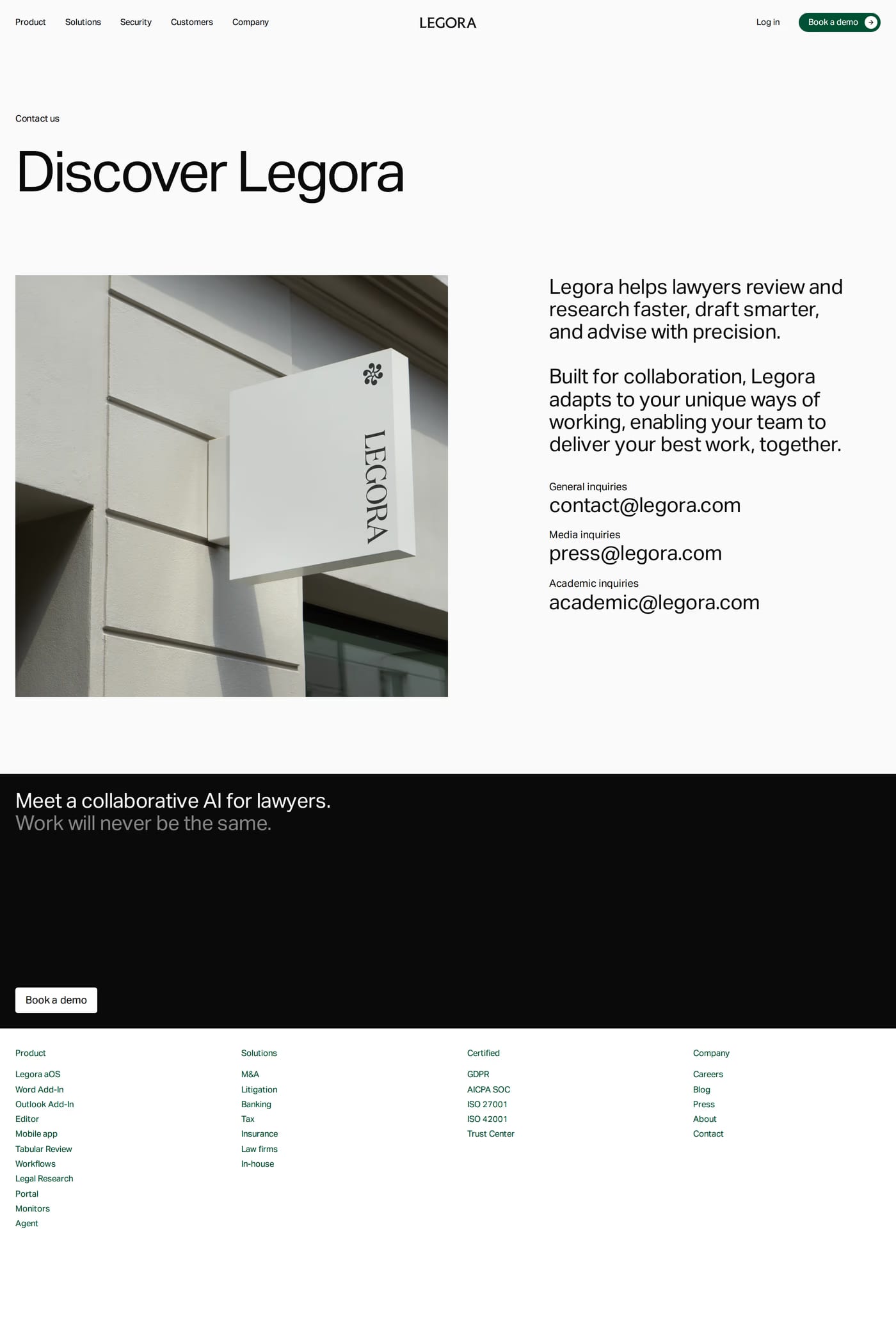 Legora — screenshot of the contact page
