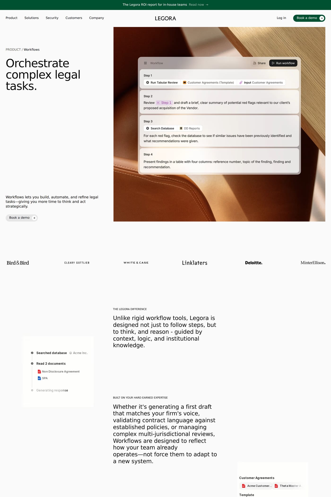 Legora — screenshot of the features page