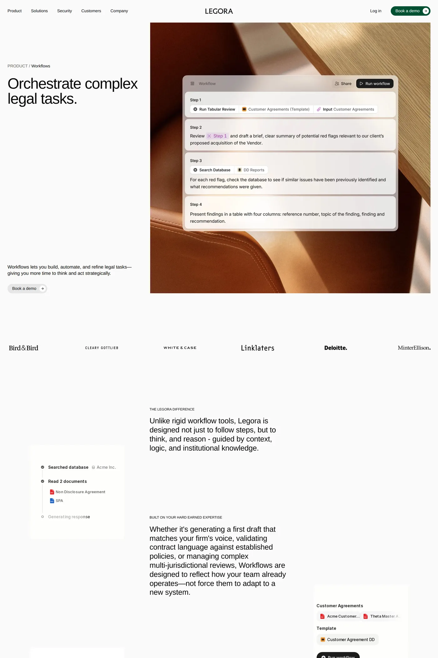 Legora — screenshot of the features page