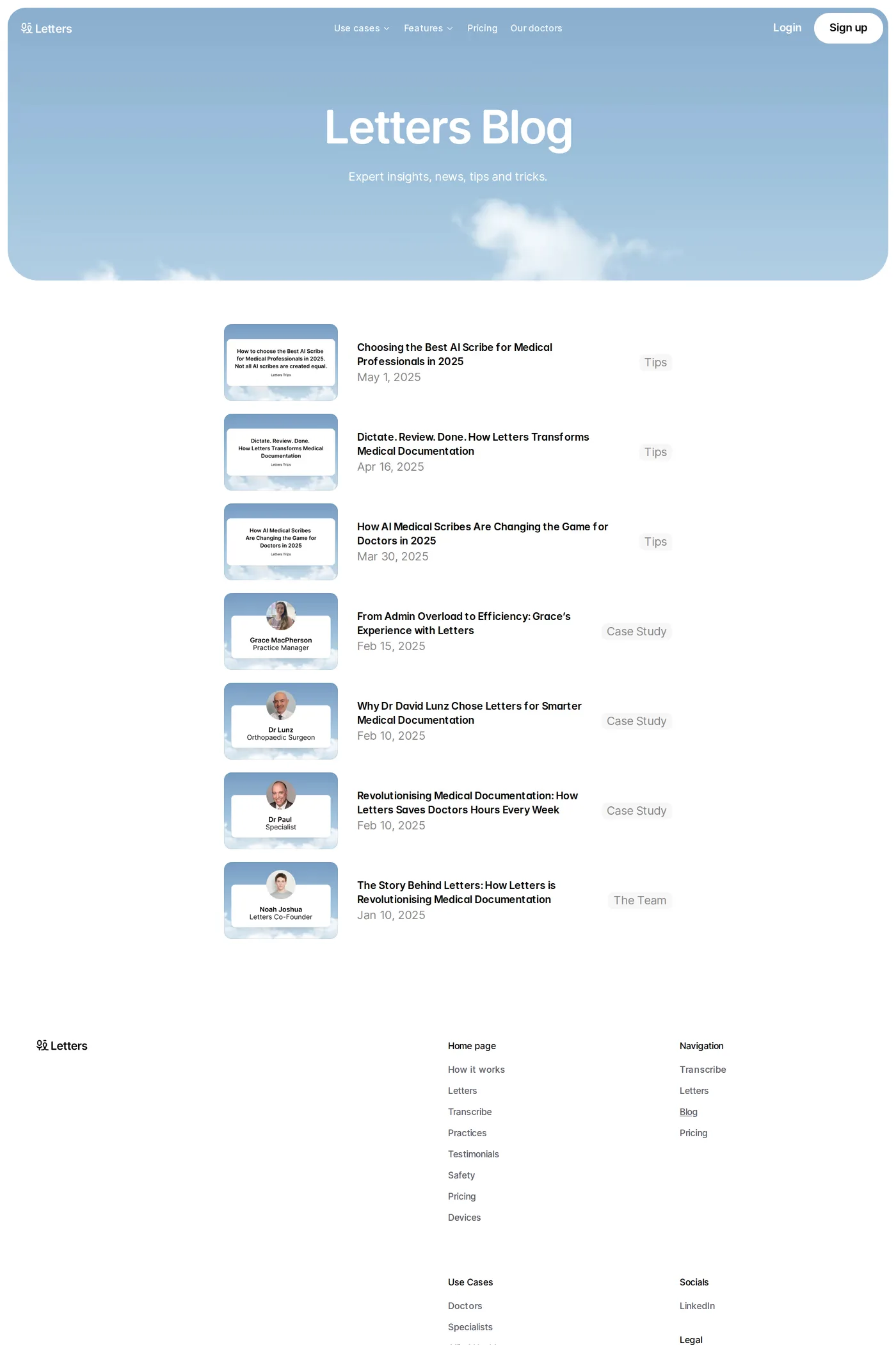 Letters — screenshot of the blog page