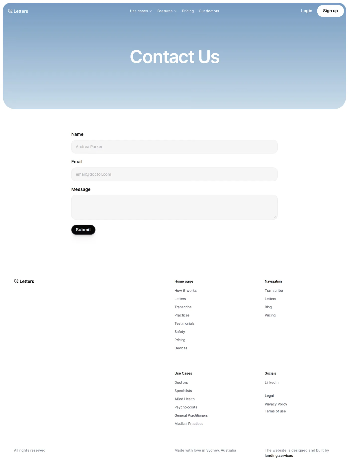 Letters — screenshot of the contact page