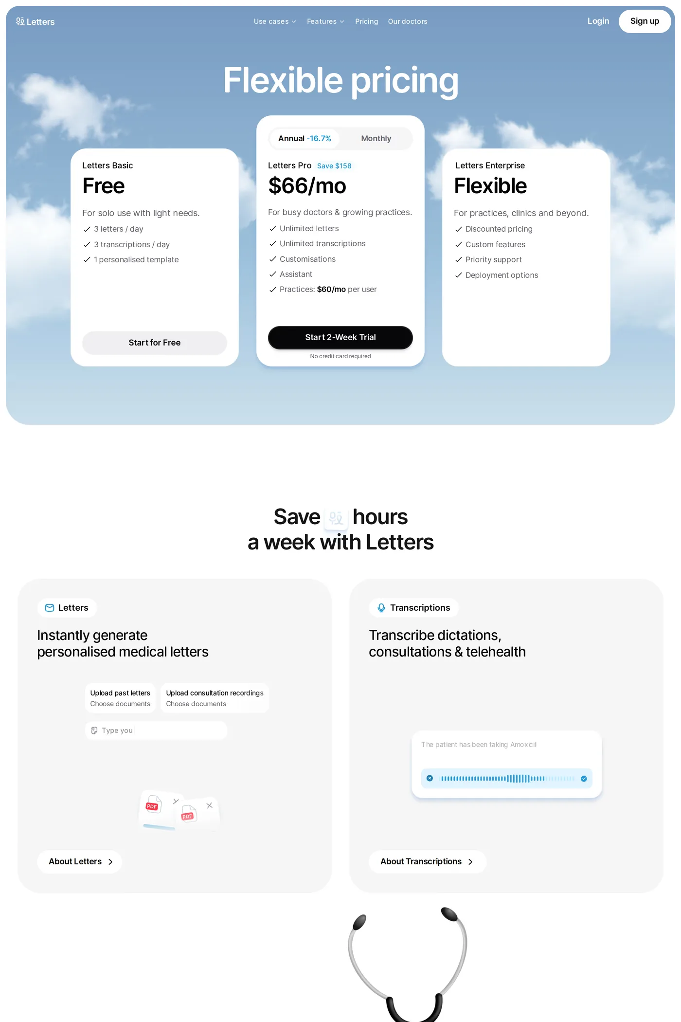 Letters — screenshot of the pricing page