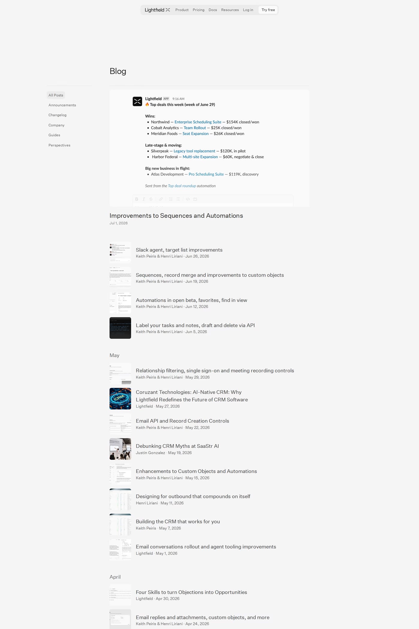 Lightfield — screenshot of the blog page