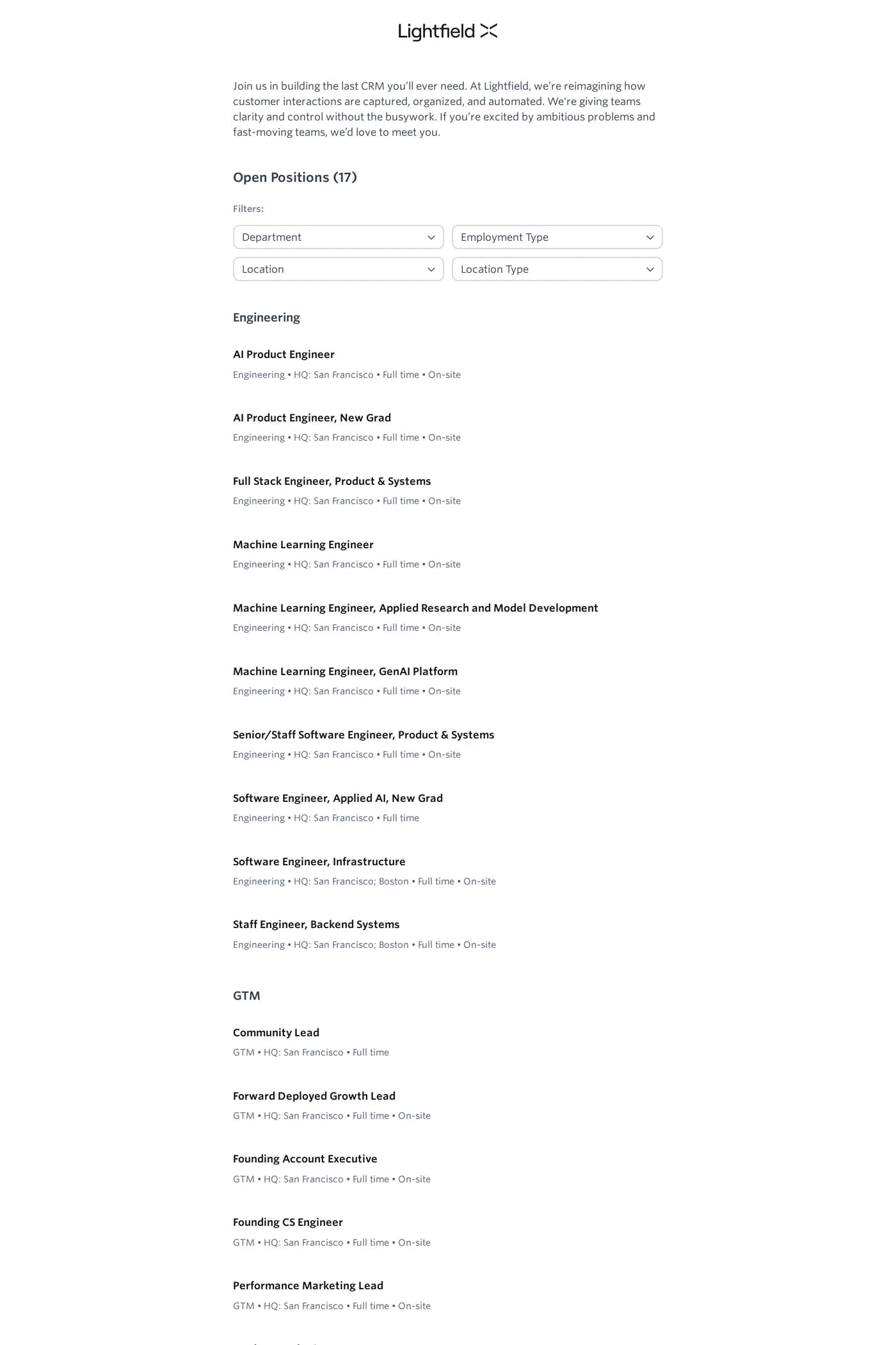 Lightfield — screenshot of the careers page