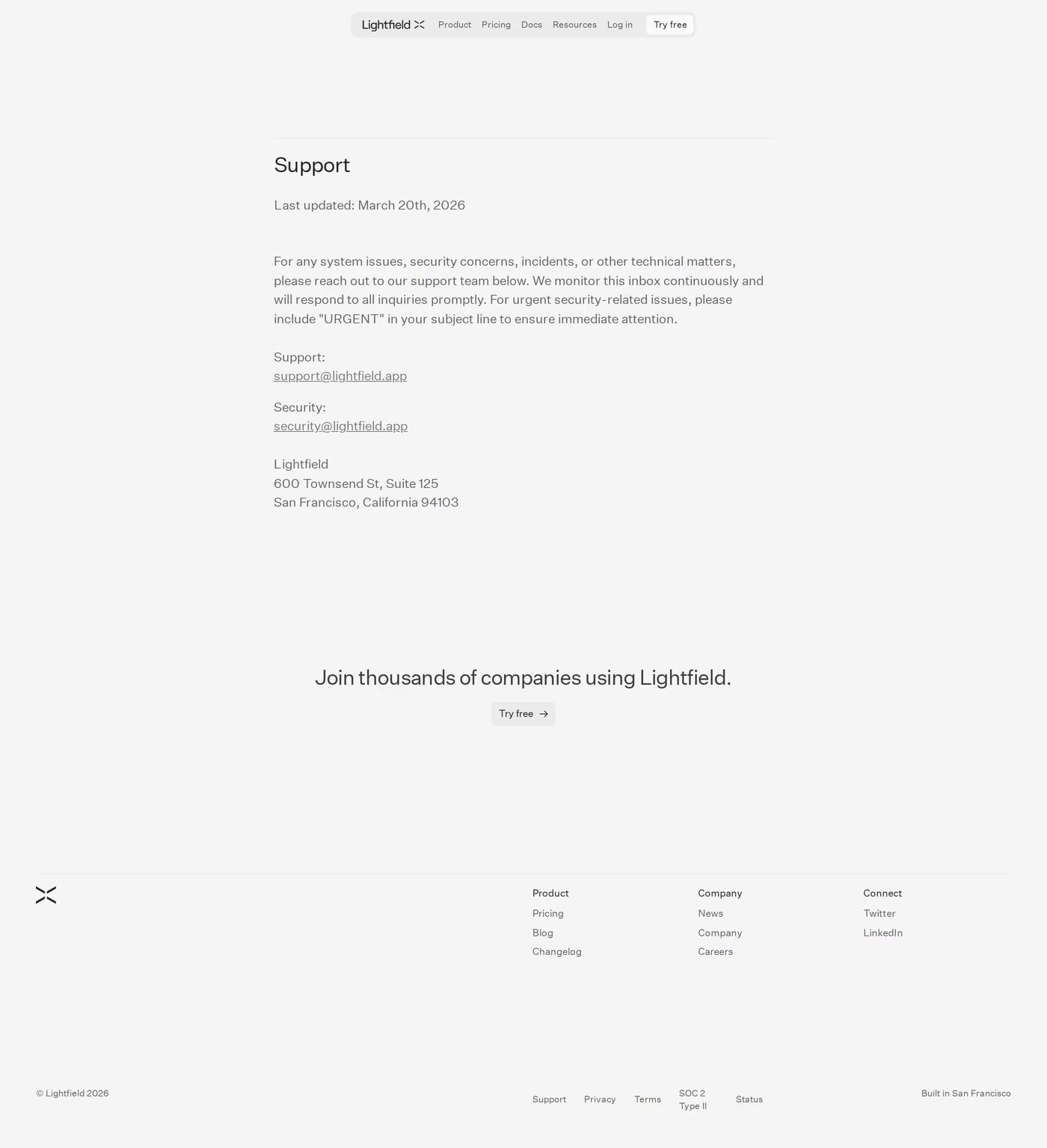Lightfield — screenshot of the contact page