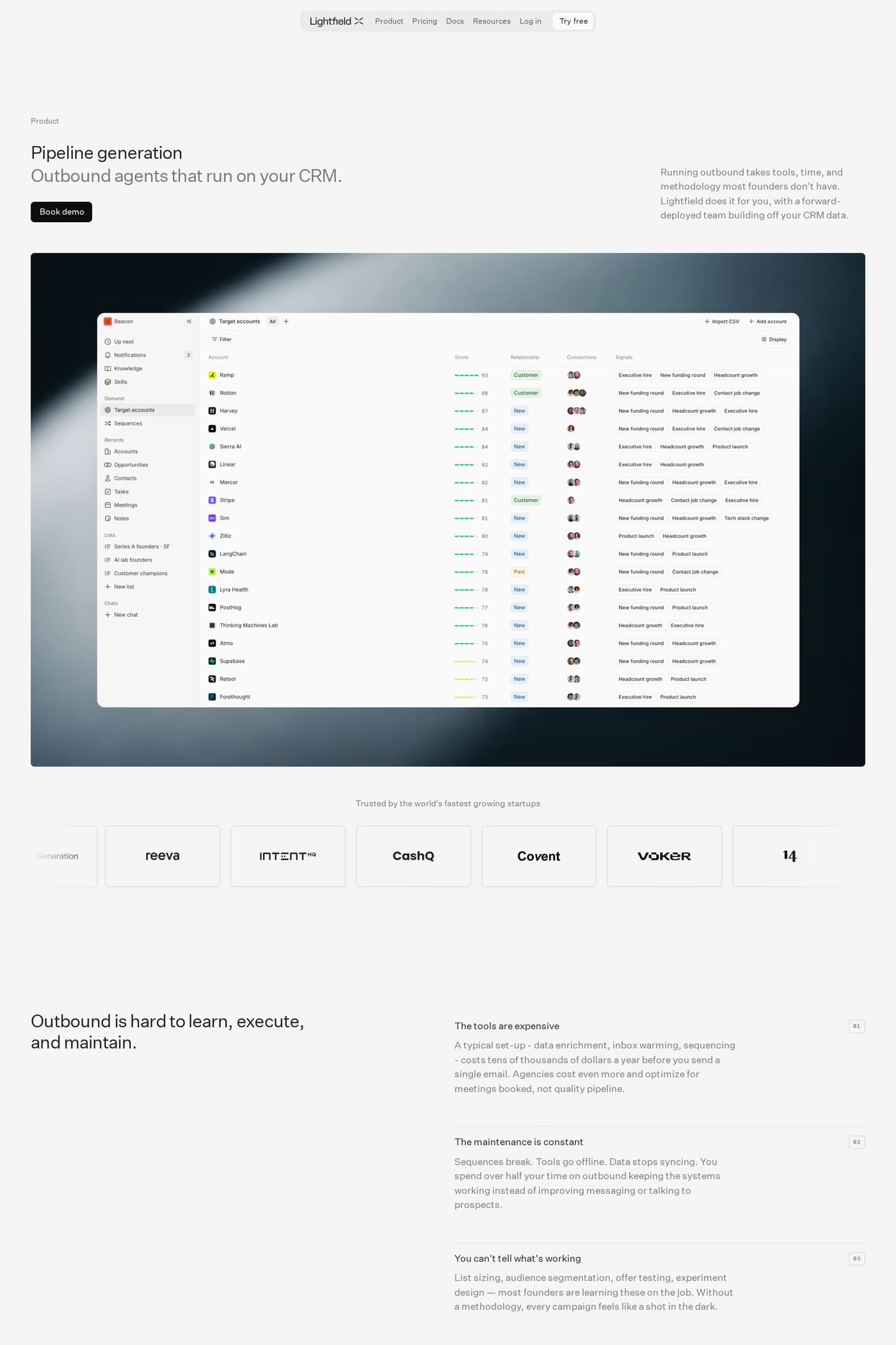 Lightfield — screenshot of the features page