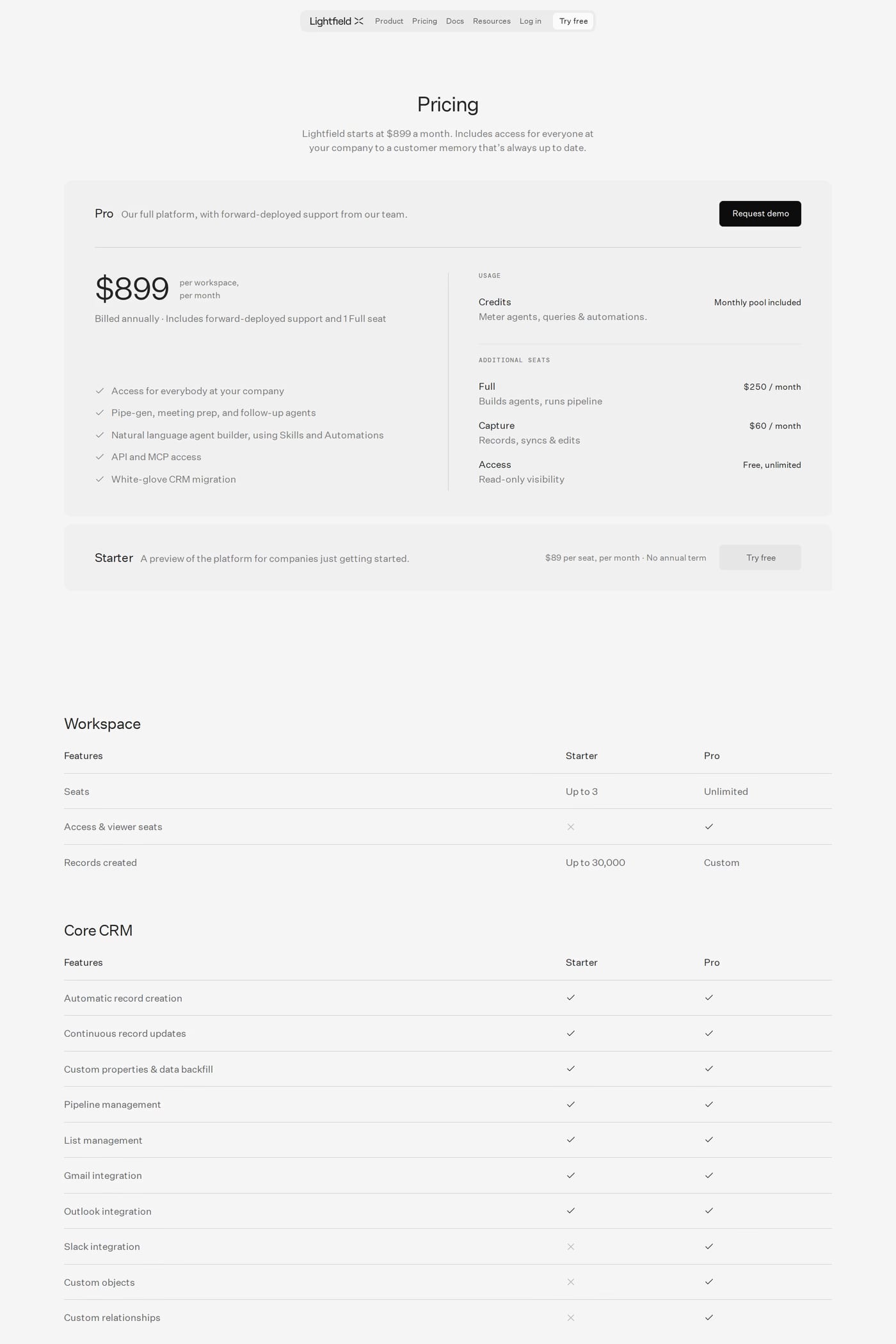 Lightfield — screenshot of the pricing page