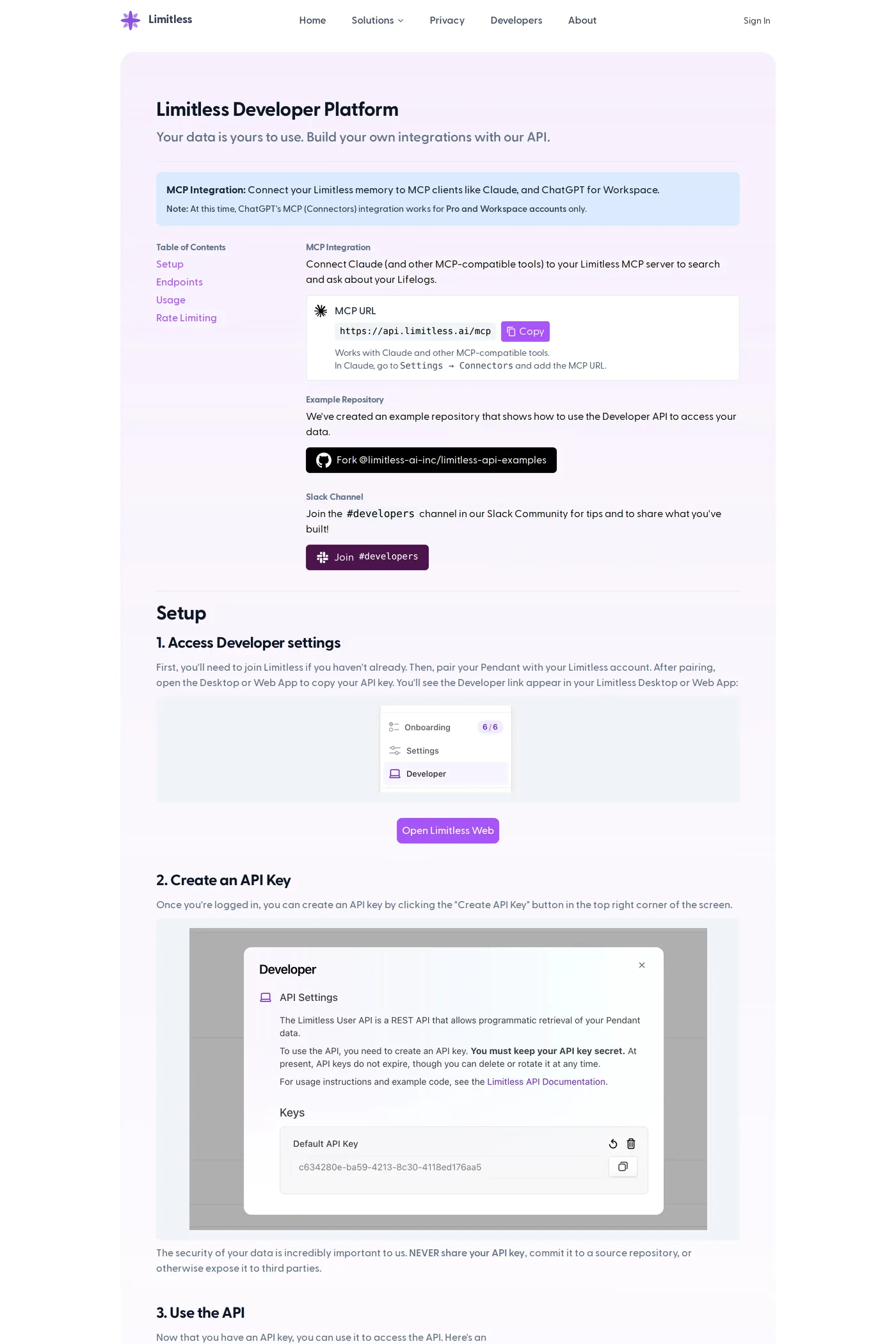 Limitless — screenshot of the docs page