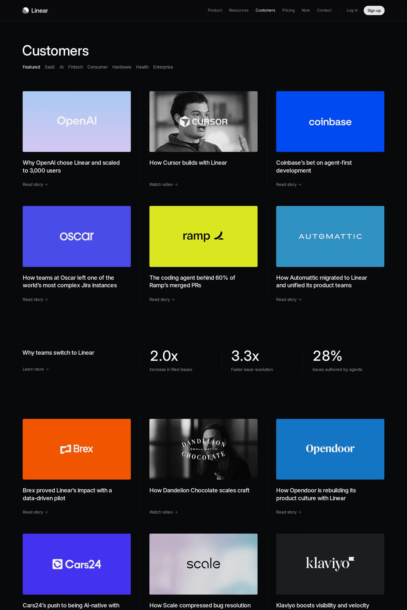 Linear for Startups — screenshot of the case studies page