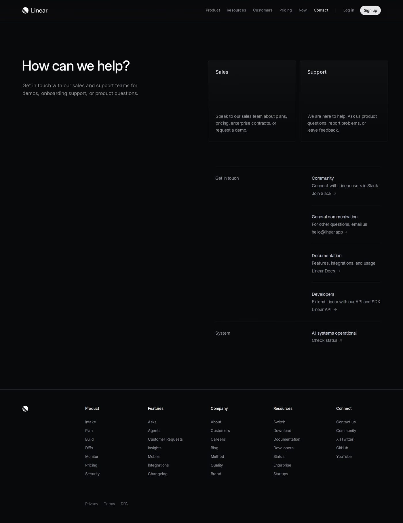 Linear for Startups — screenshot of the contact page