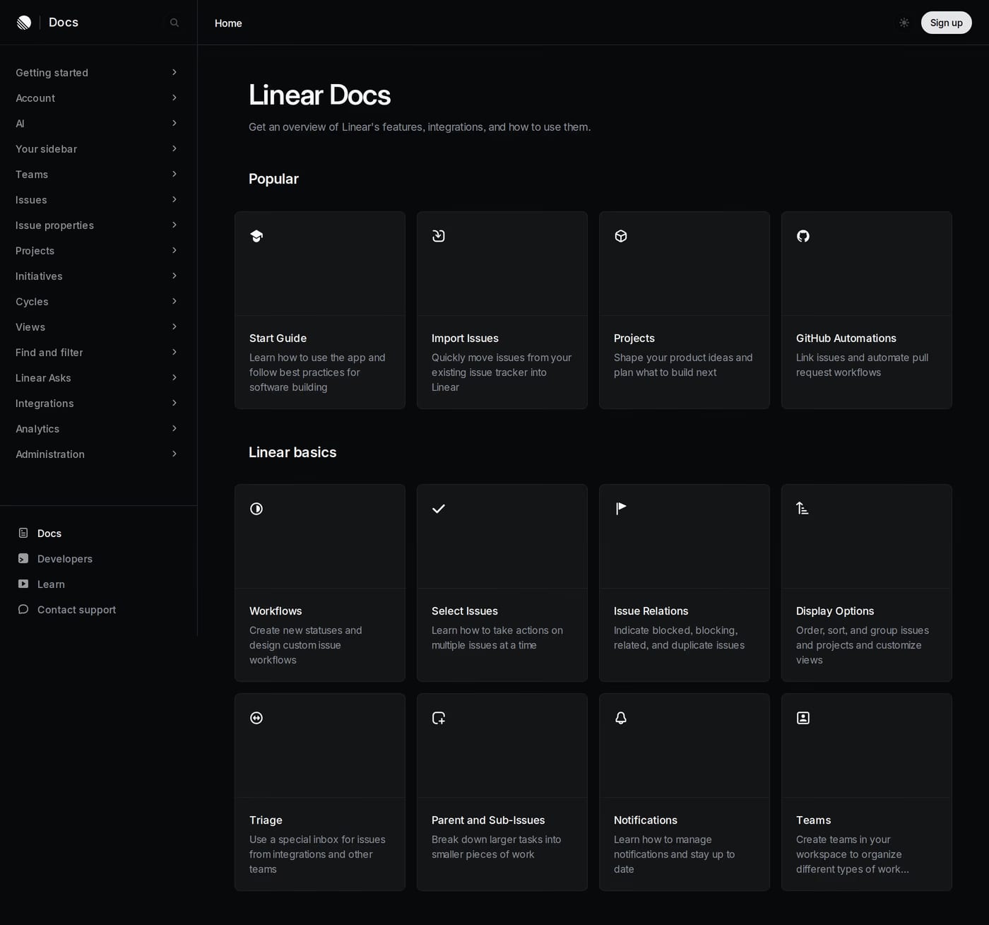 Linear for Startups — screenshot of the docs page