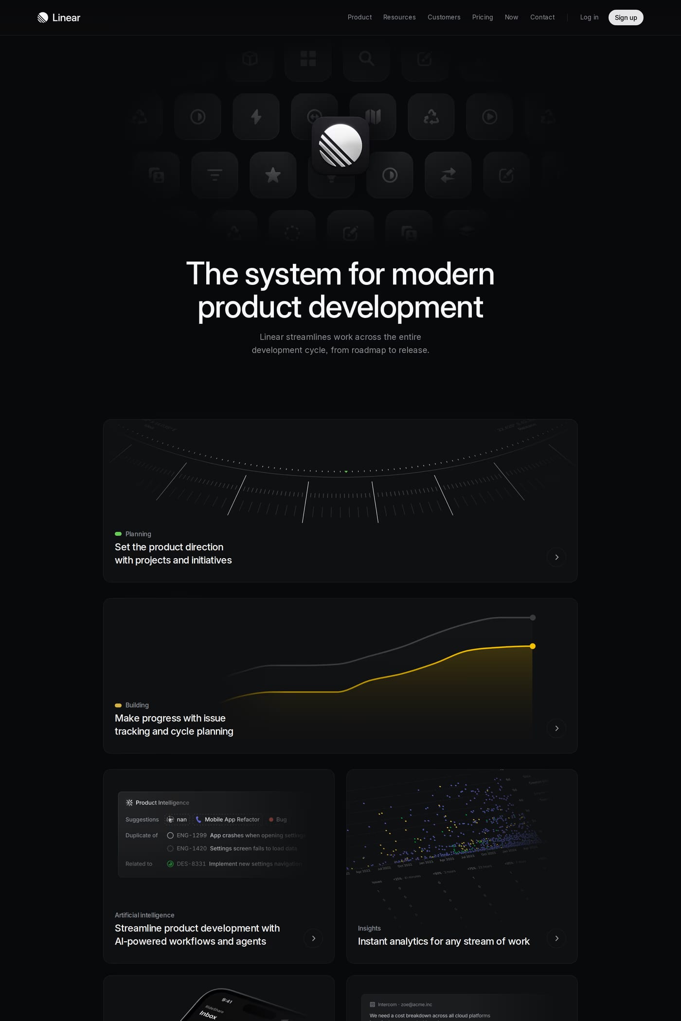 Linear for Startups — screenshot of the features page