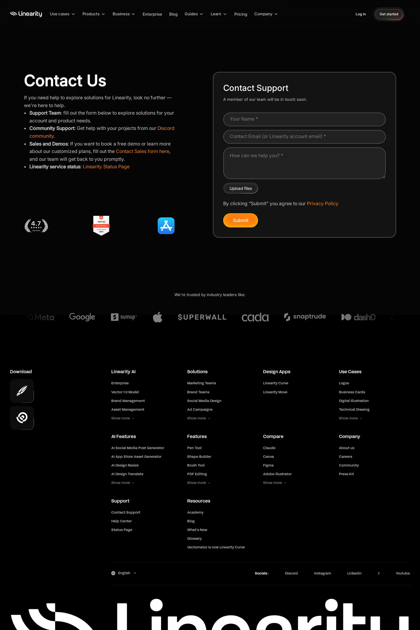 Linearity — screenshot of the contact page