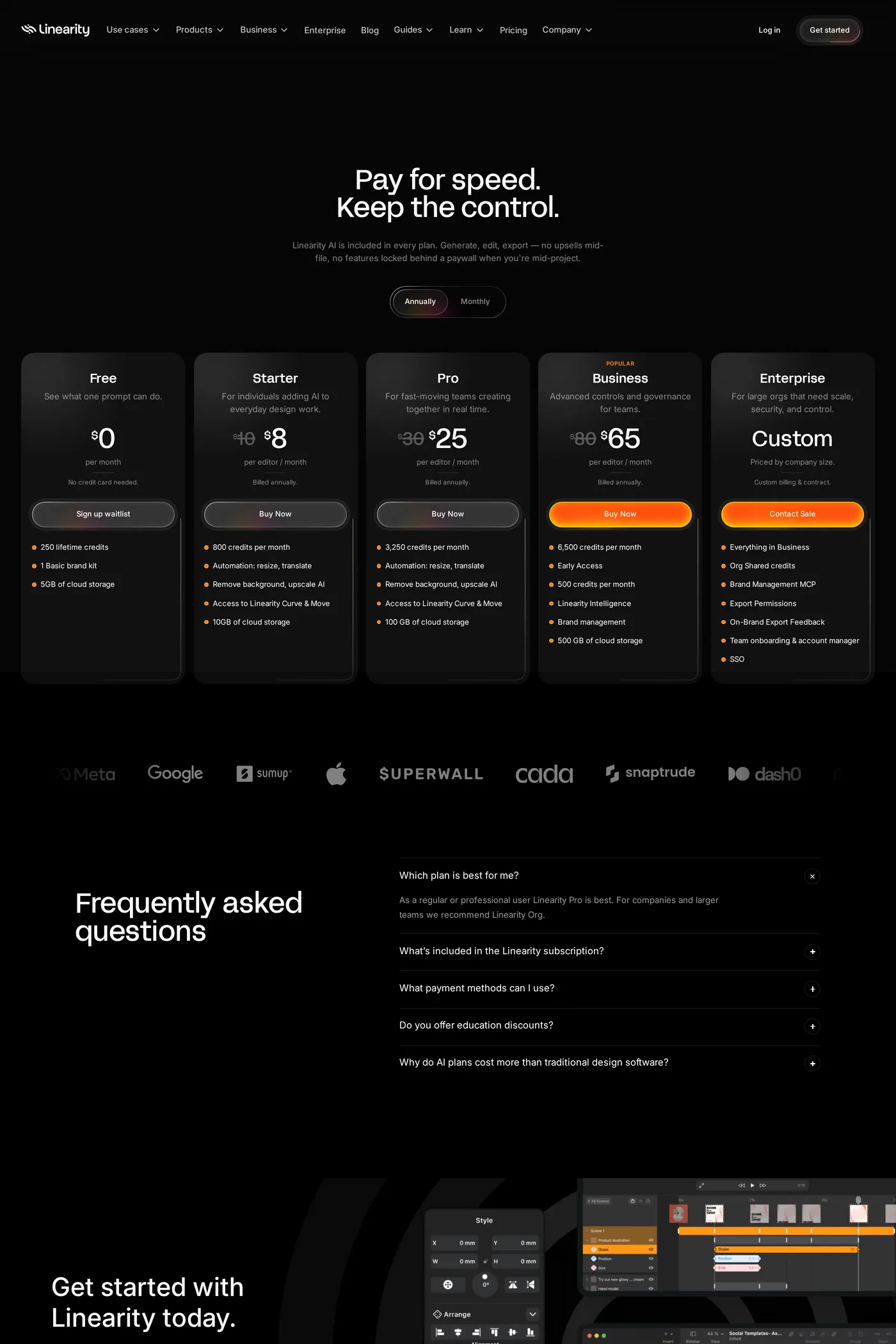Linearity — screenshot of the pricing page