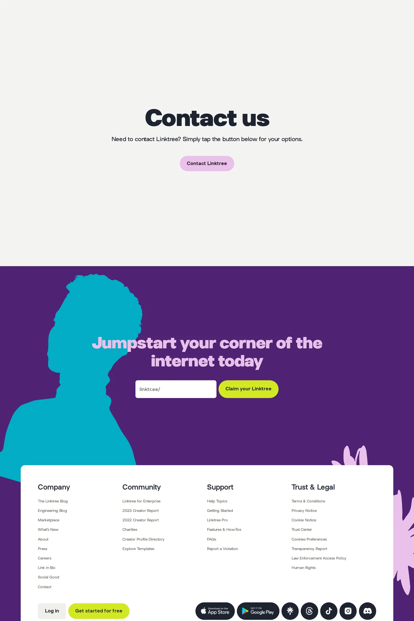 Linktree — screenshot of the contact page