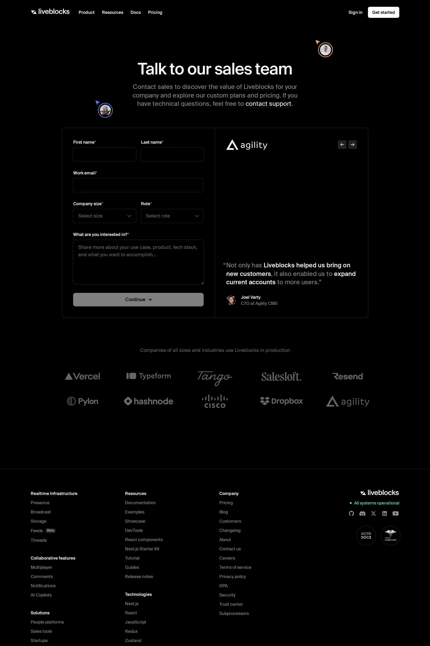Liveblocks — screenshot of the contact page
