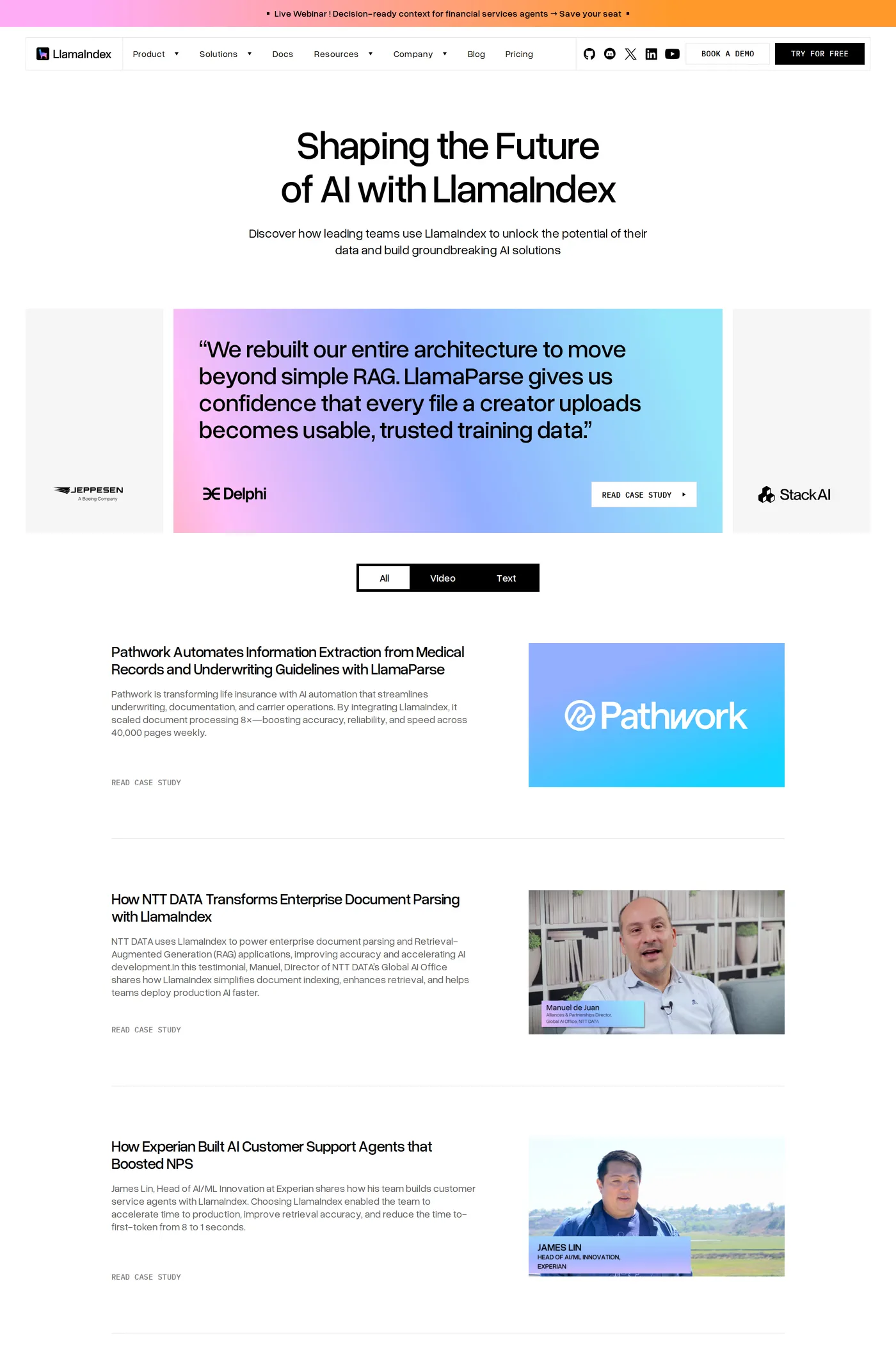 LlamaIndex — screenshot of the case studies page