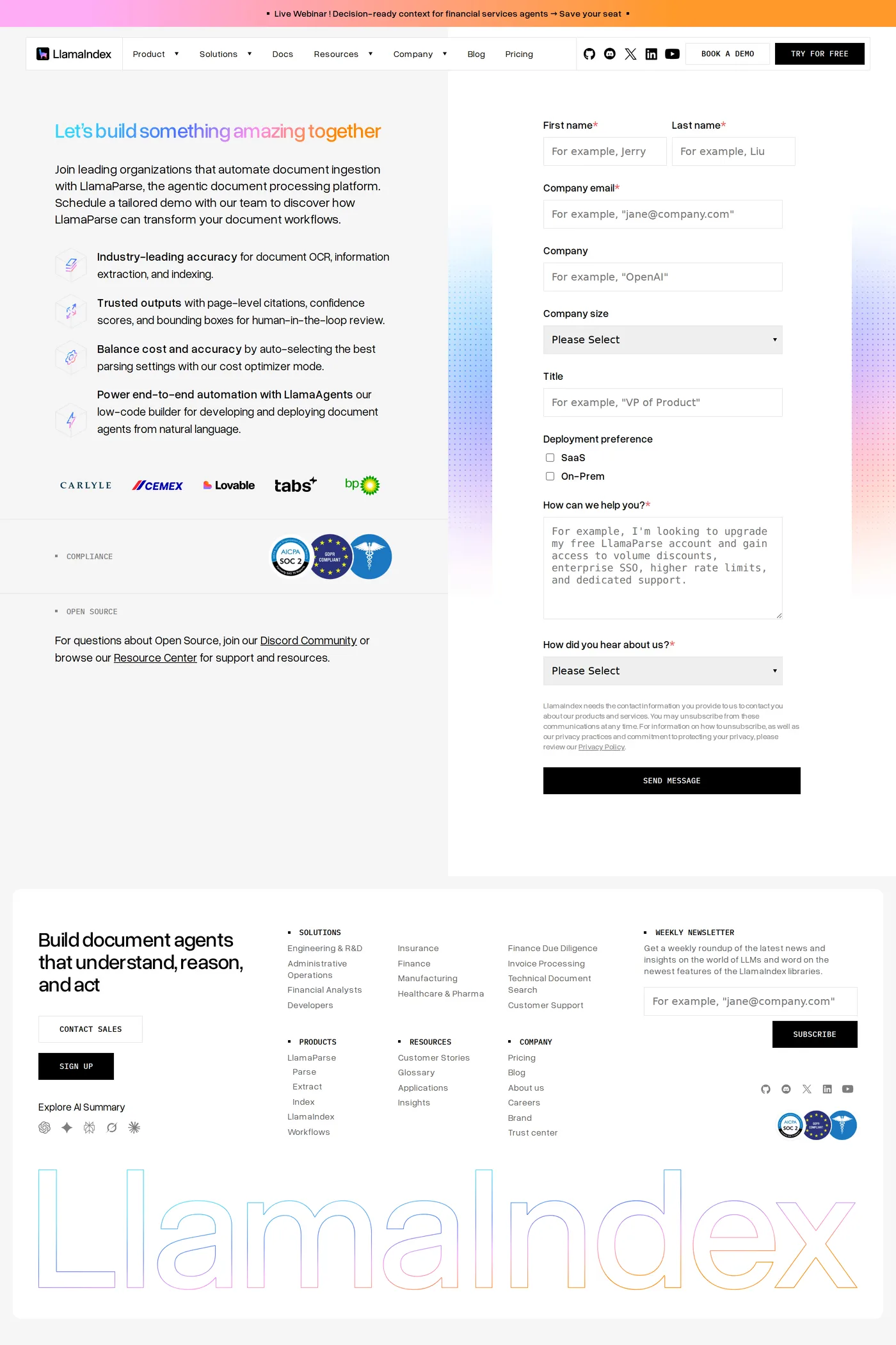 LlamaIndex — screenshot of the contact page