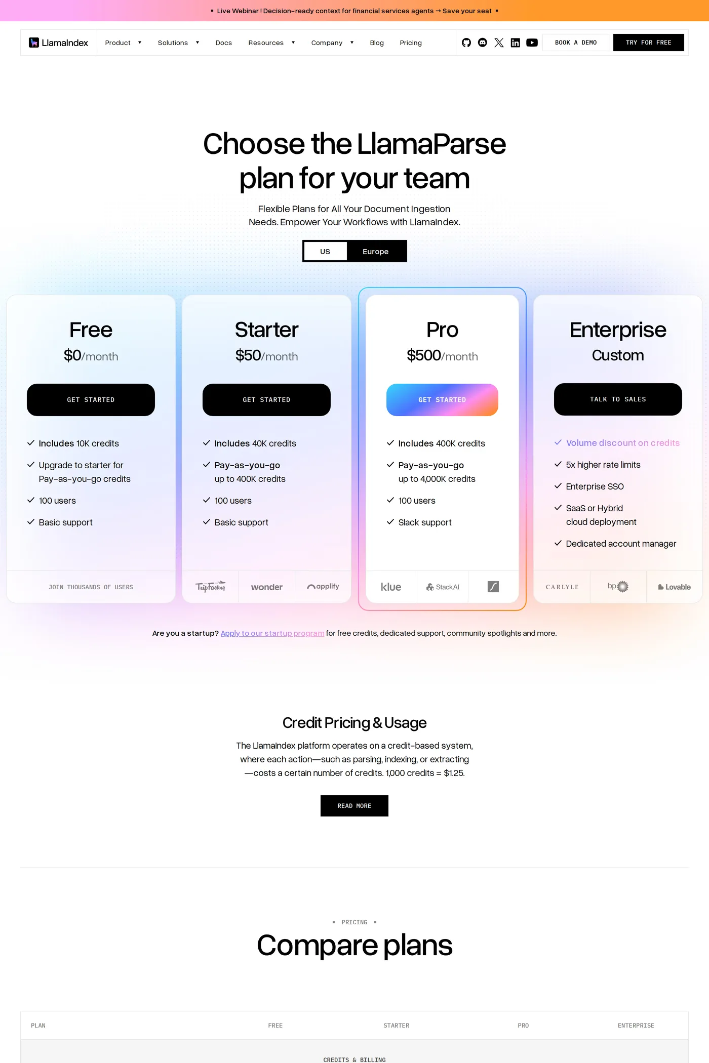 LlamaIndex — screenshot of the pricing page