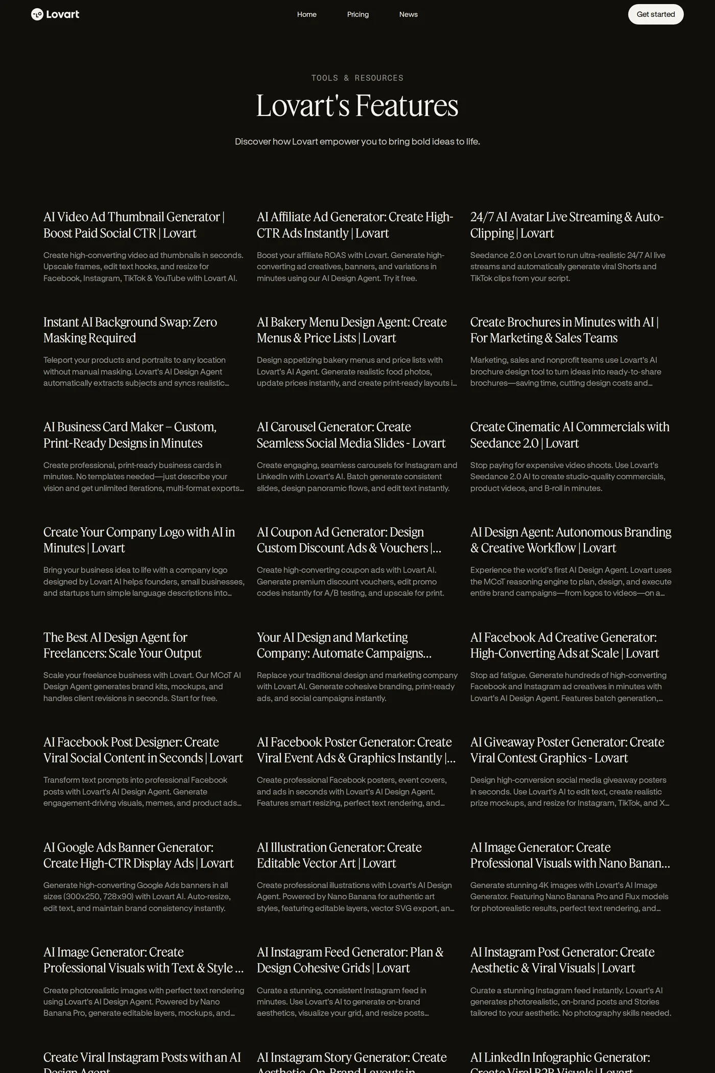 Lovart — screenshot of the features page