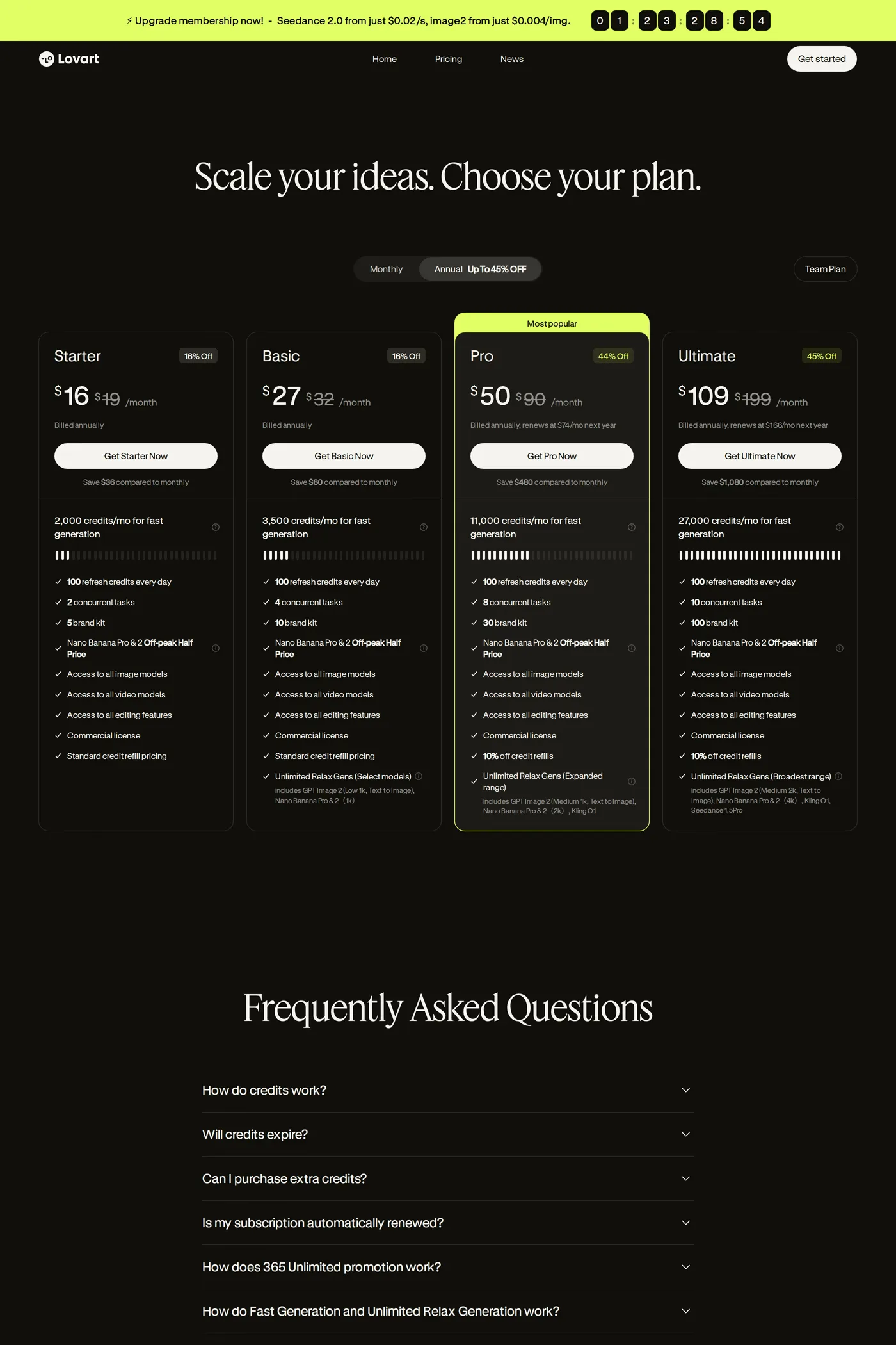 Lovart — screenshot of the pricing page