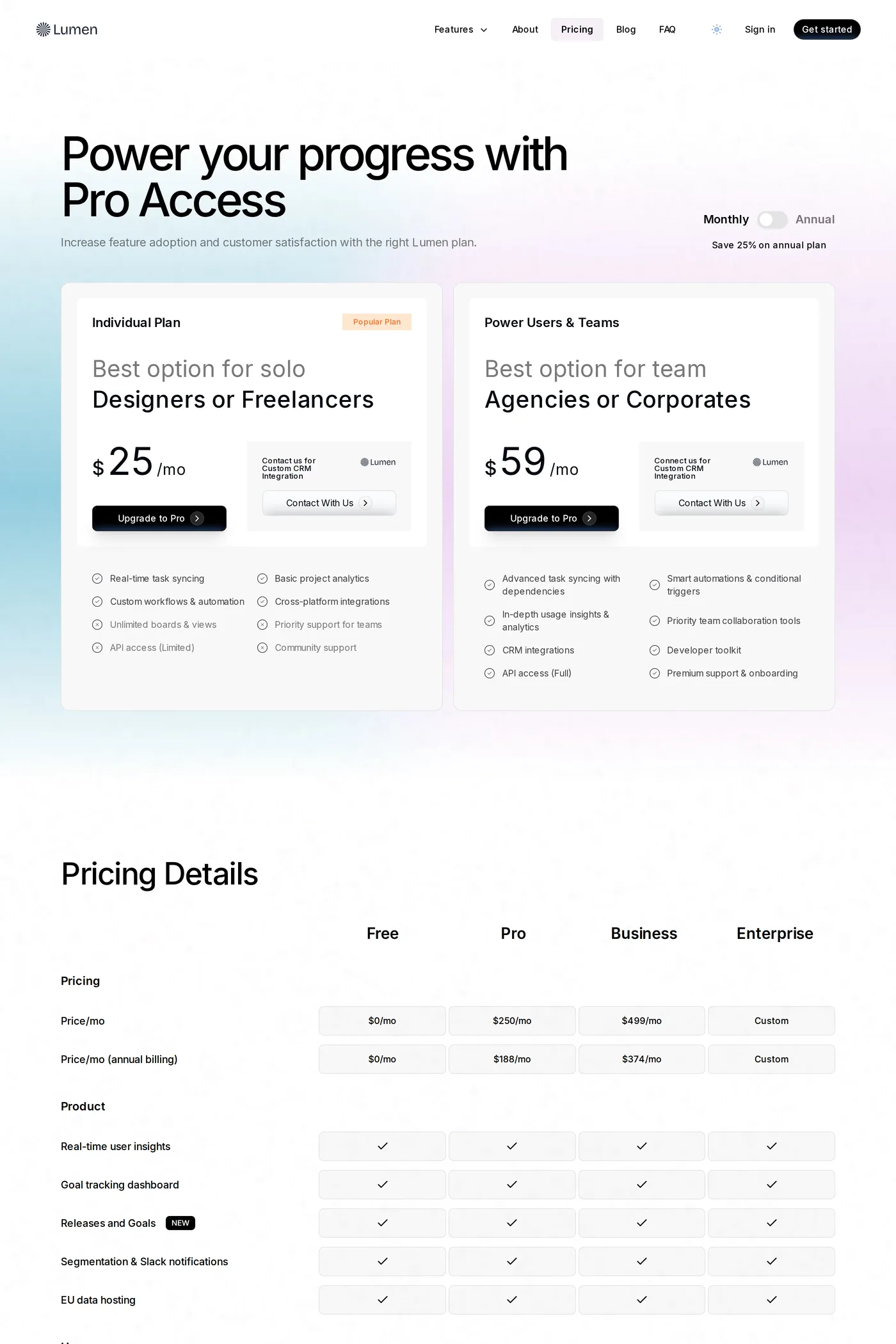 Lumen — screenshot of the pricing page