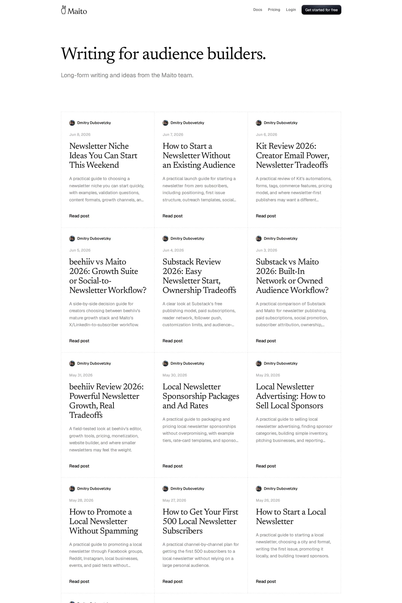 Maito — screenshot of the blog page