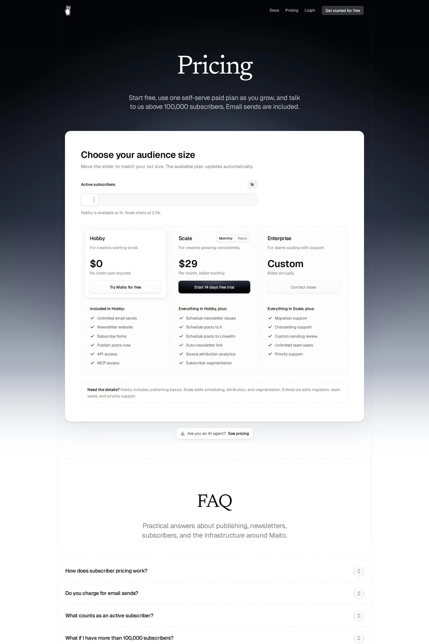 Maito — screenshot of the pricing page