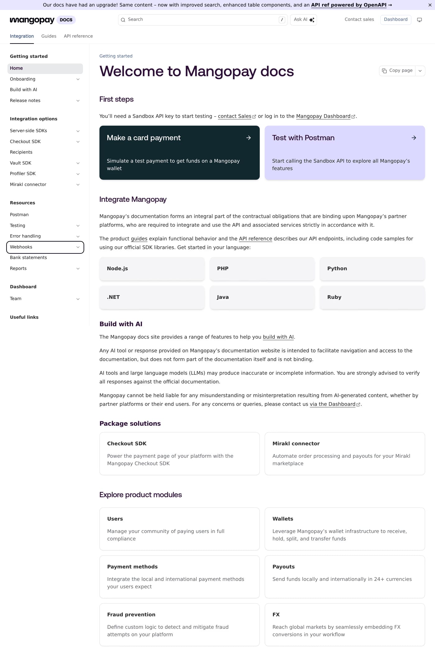 Mangopay — screenshot of the docs page