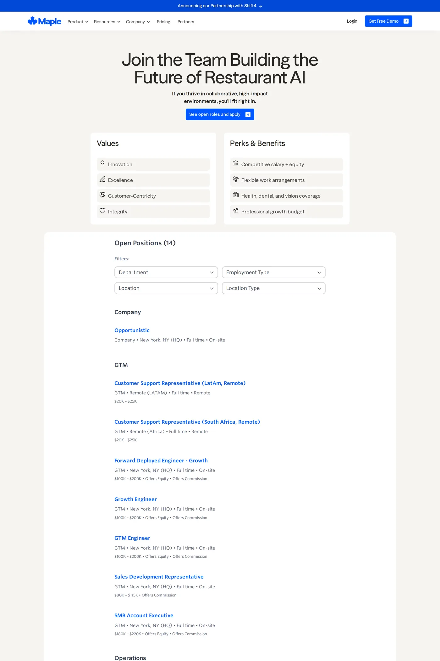 Maple — screenshot of the careers page