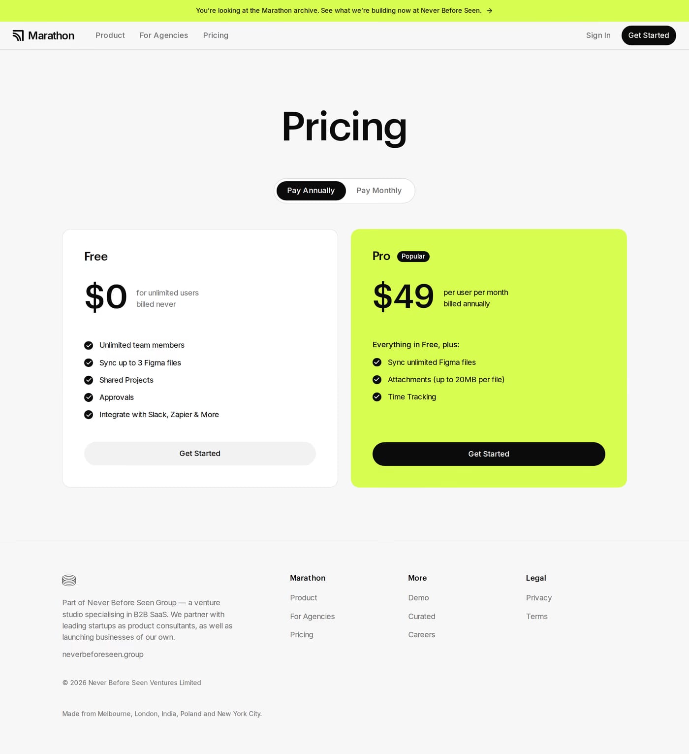 Marathon — screenshot of the pricing page