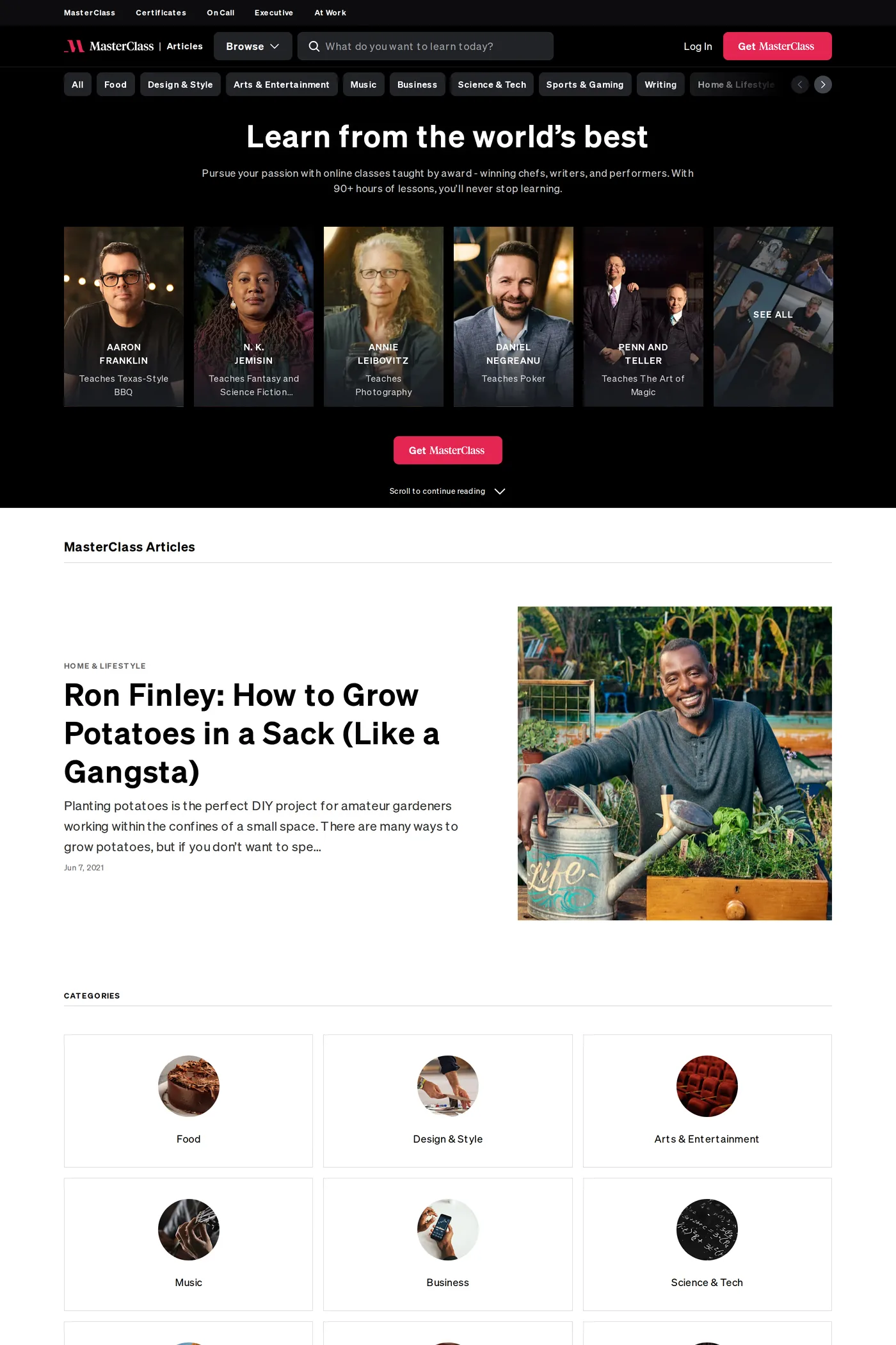 MasterClass — screenshot of the blog page