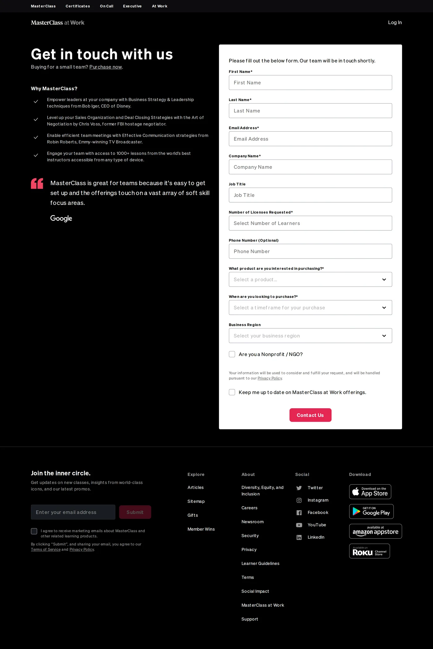 MasterClass — screenshot of the contact page