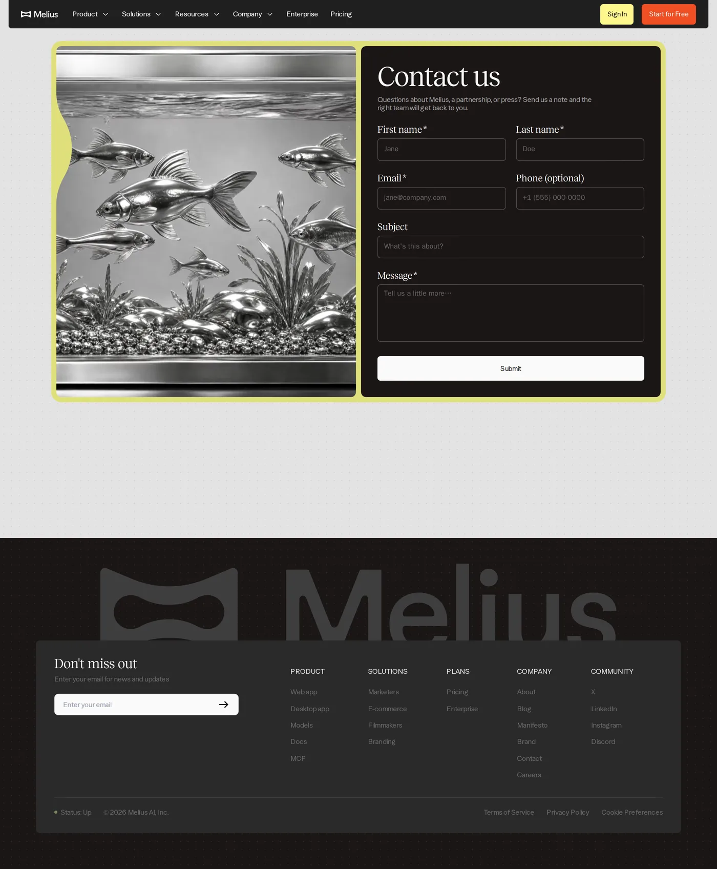 Melius — screenshot of the contact page