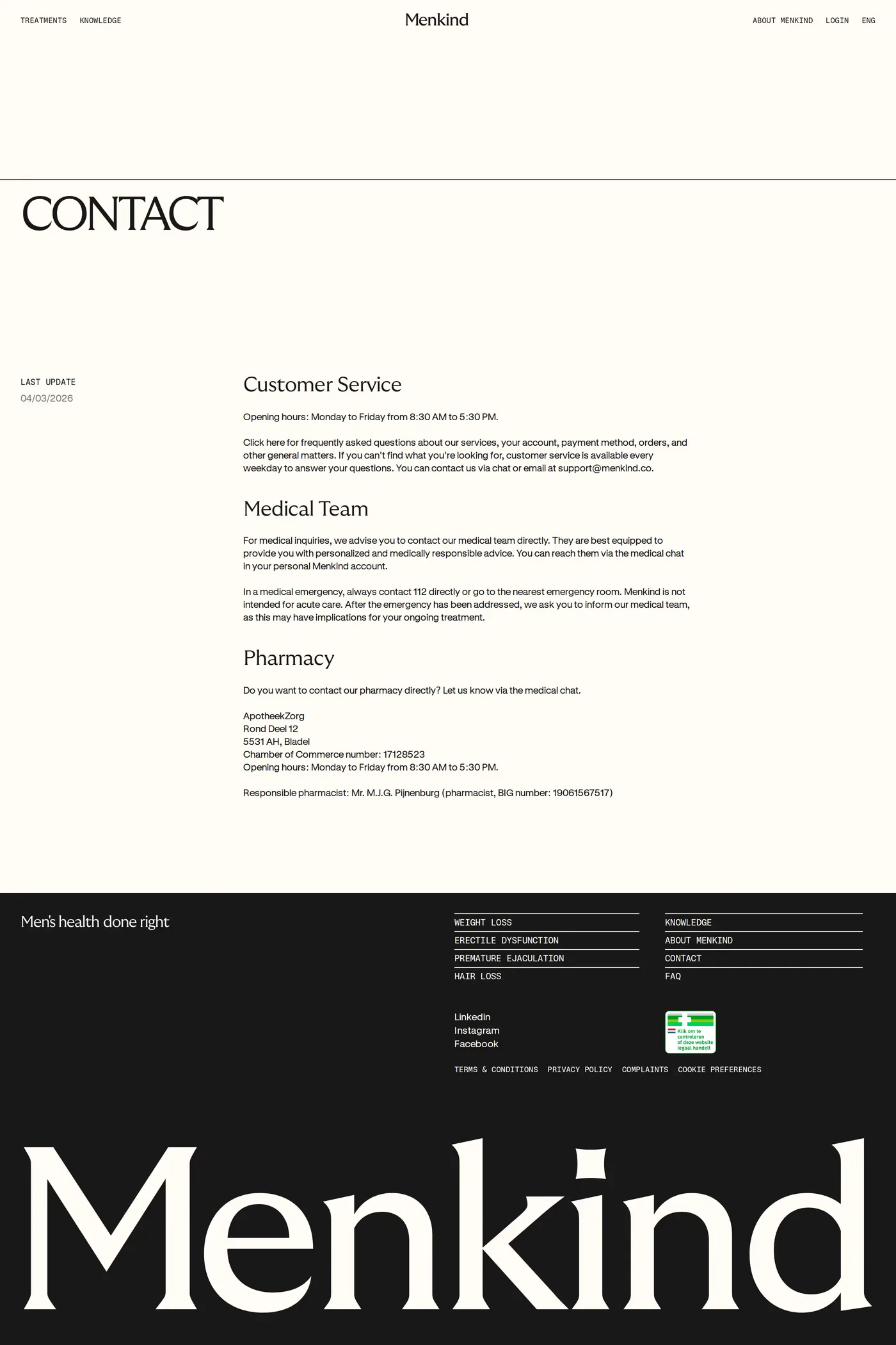 Menkind — screenshot of the contact page
