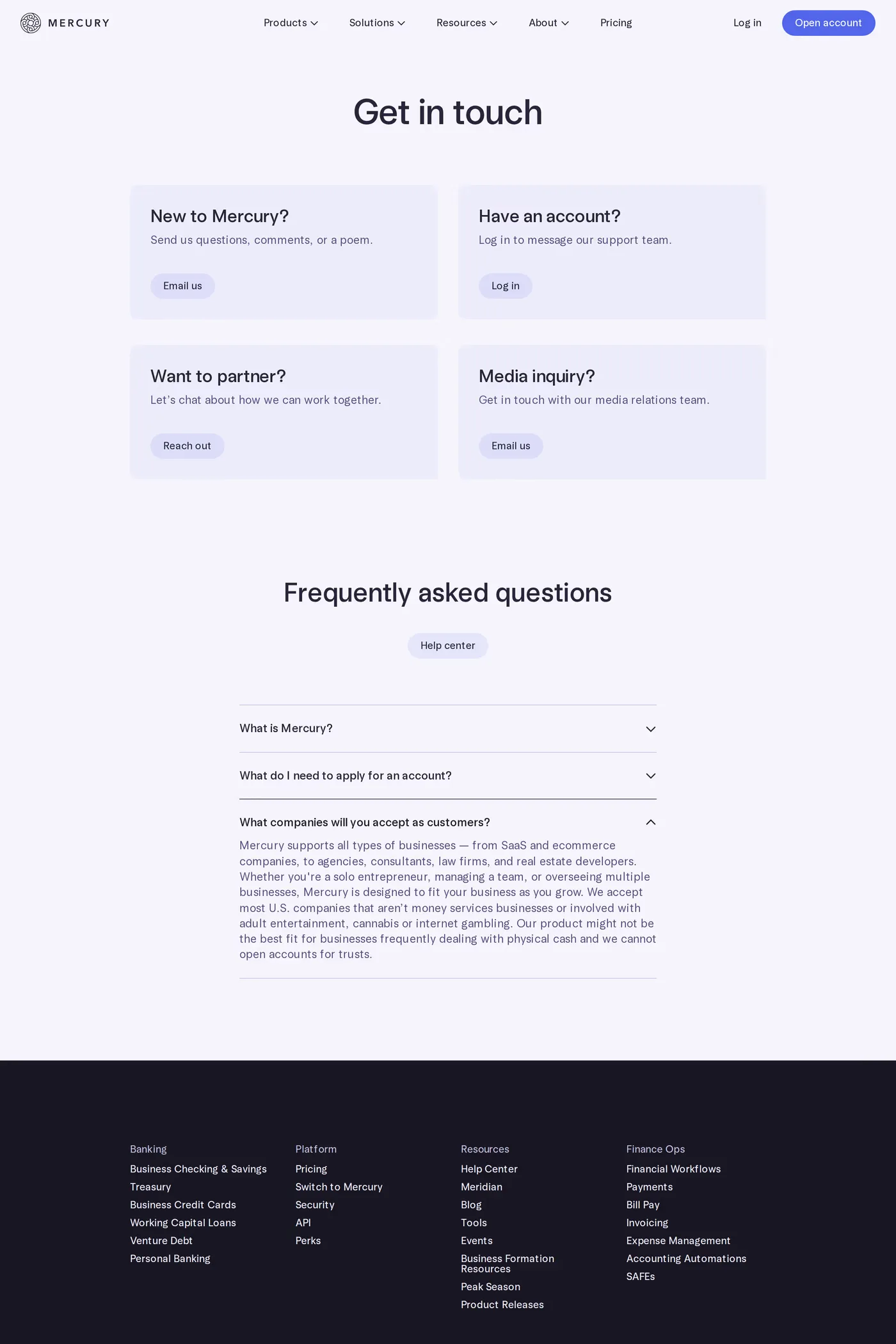 Mercury — screenshot of the contact page