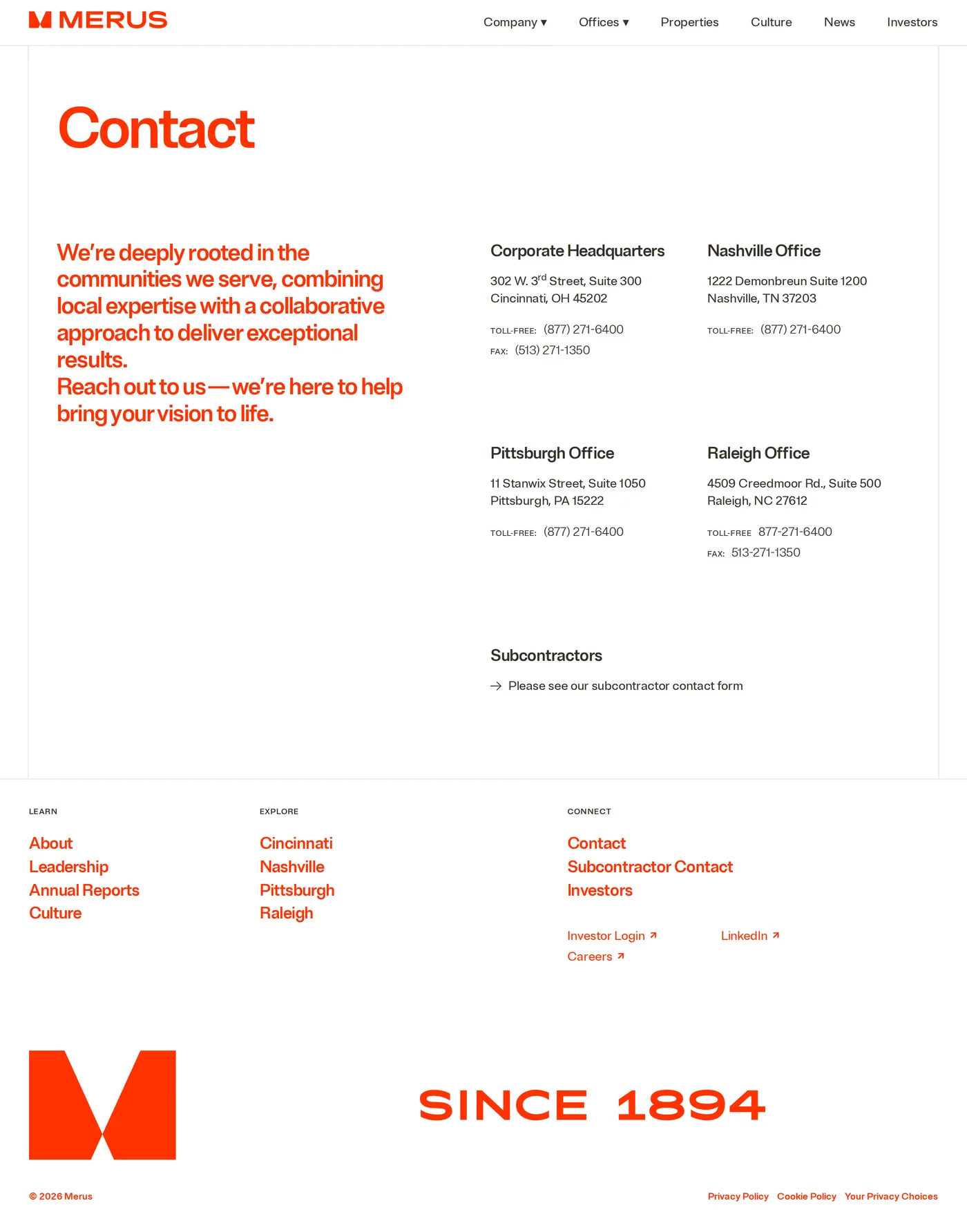 Merus — screenshot of the contact page