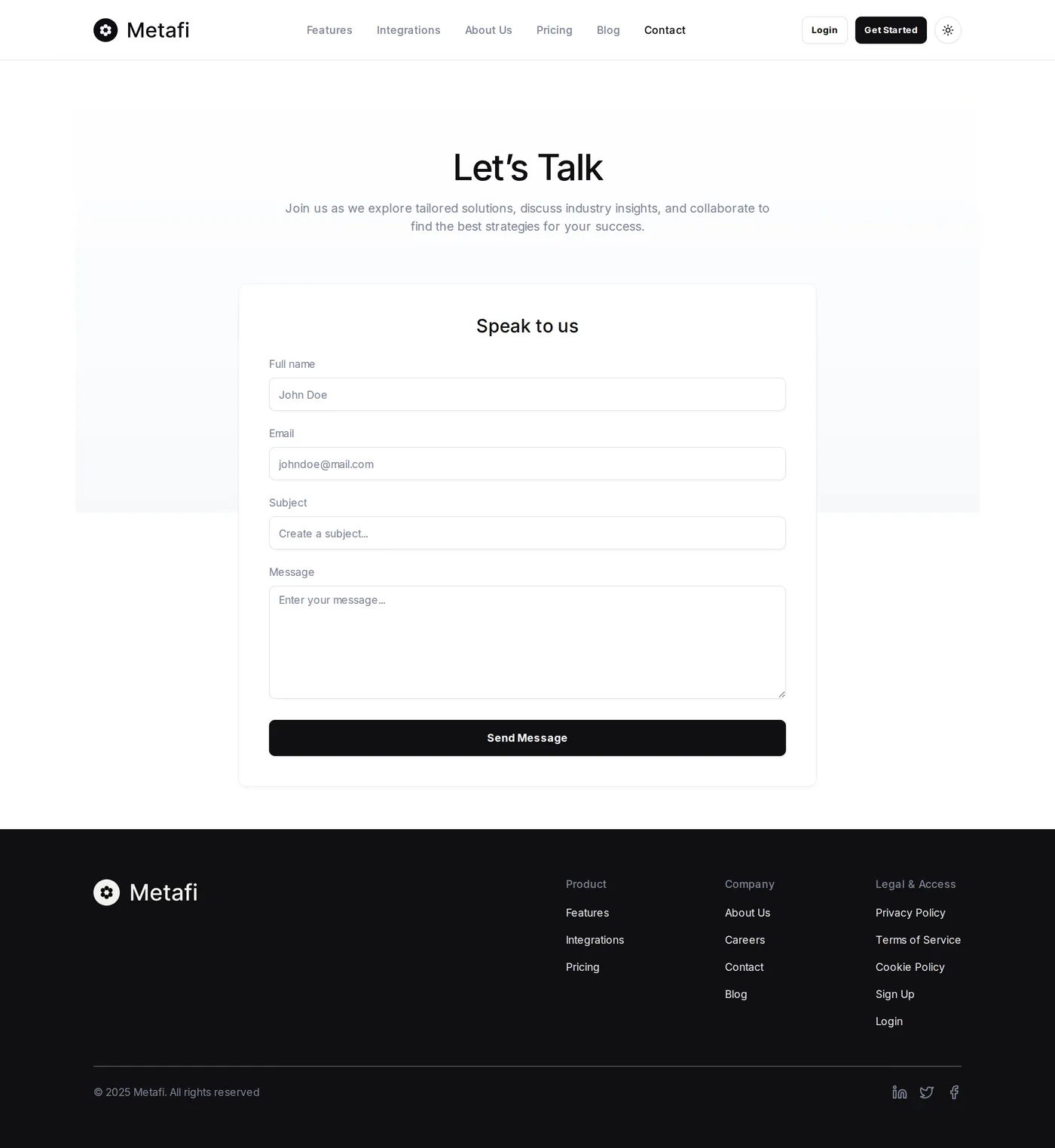 Metafi — screenshot of the contact page