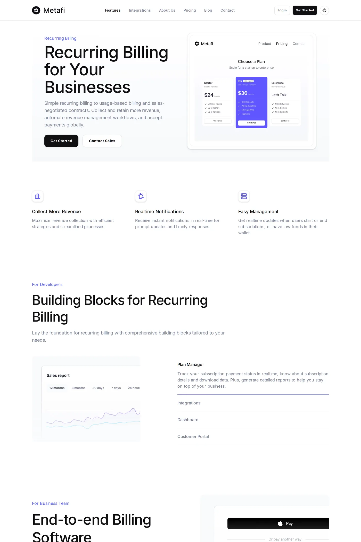 Metafi — screenshot of the features page