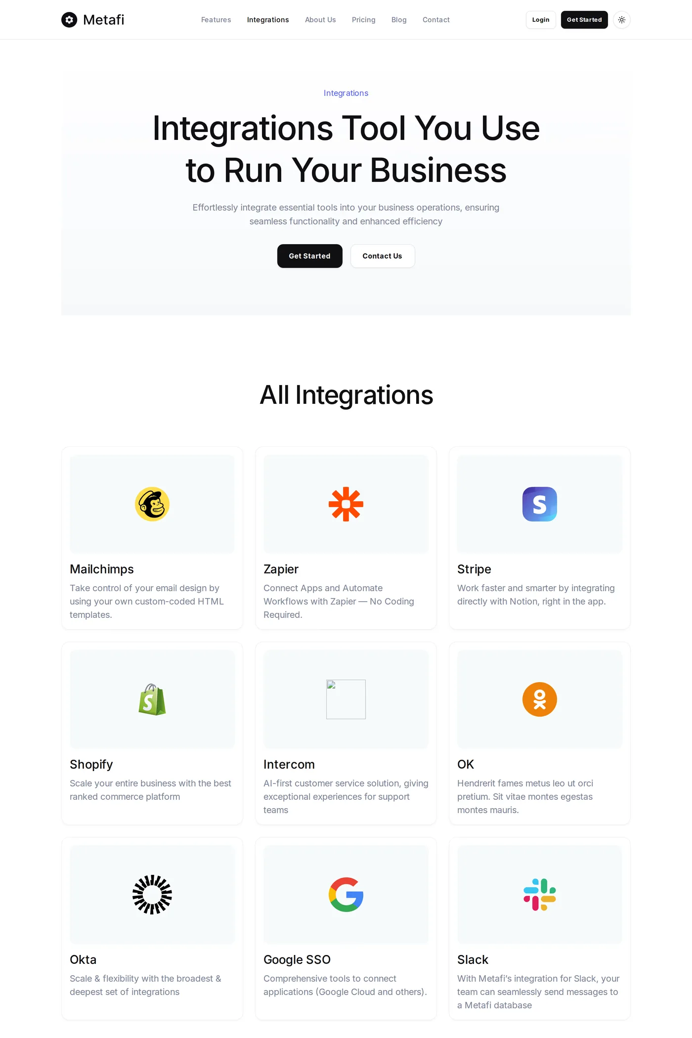 Metafi — screenshot of the integrations page