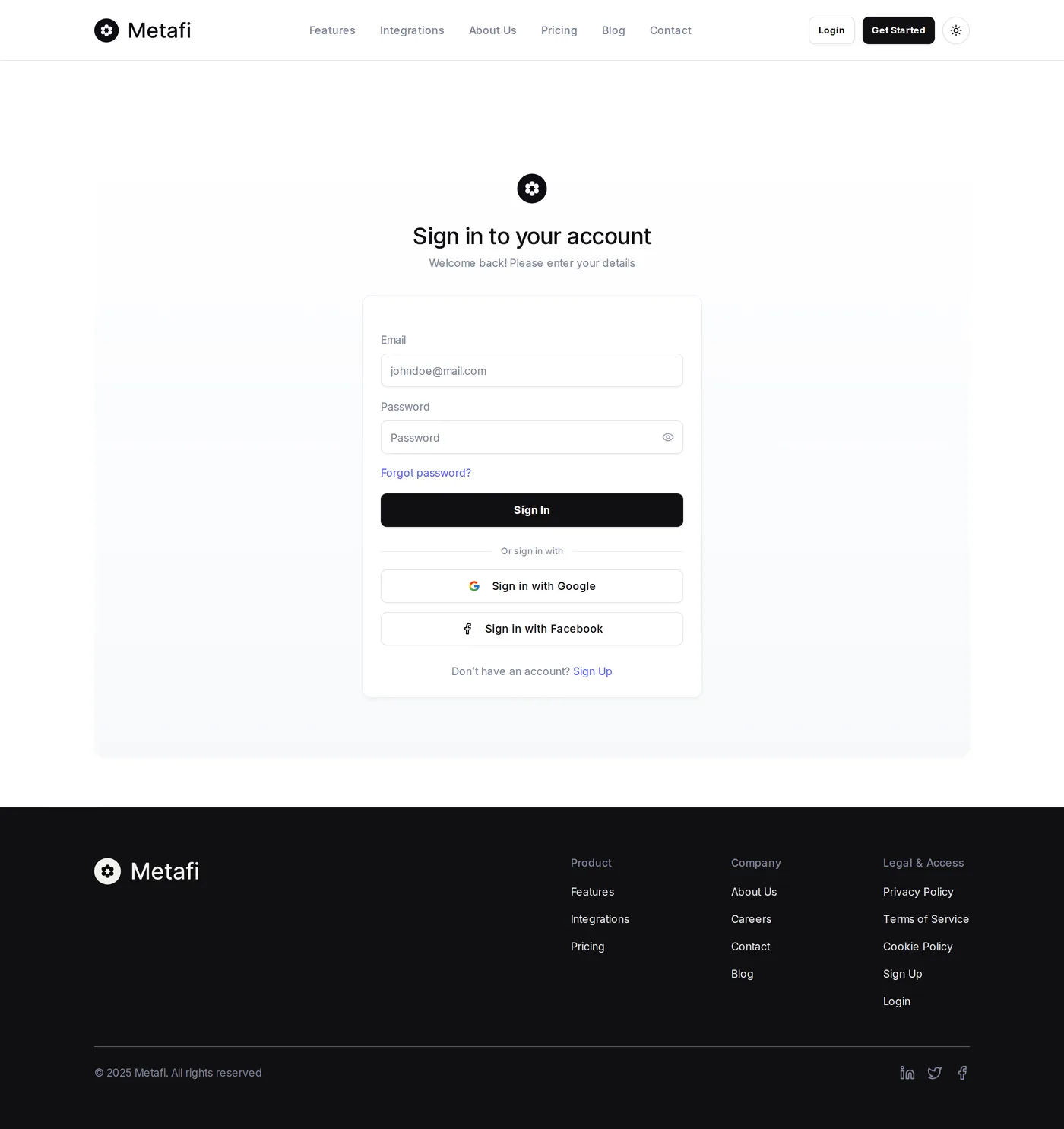 Metafi — screenshot of the login page